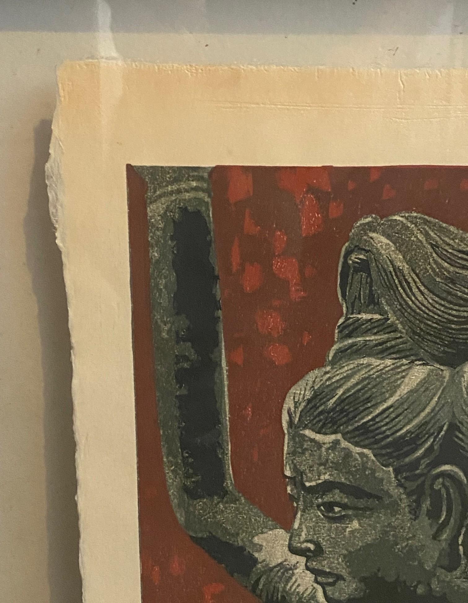 Shiro Kasamatsu Impresión xilográfica japonesa firmada Deidad de tres cabezas Templo de Ashura en venta 1
