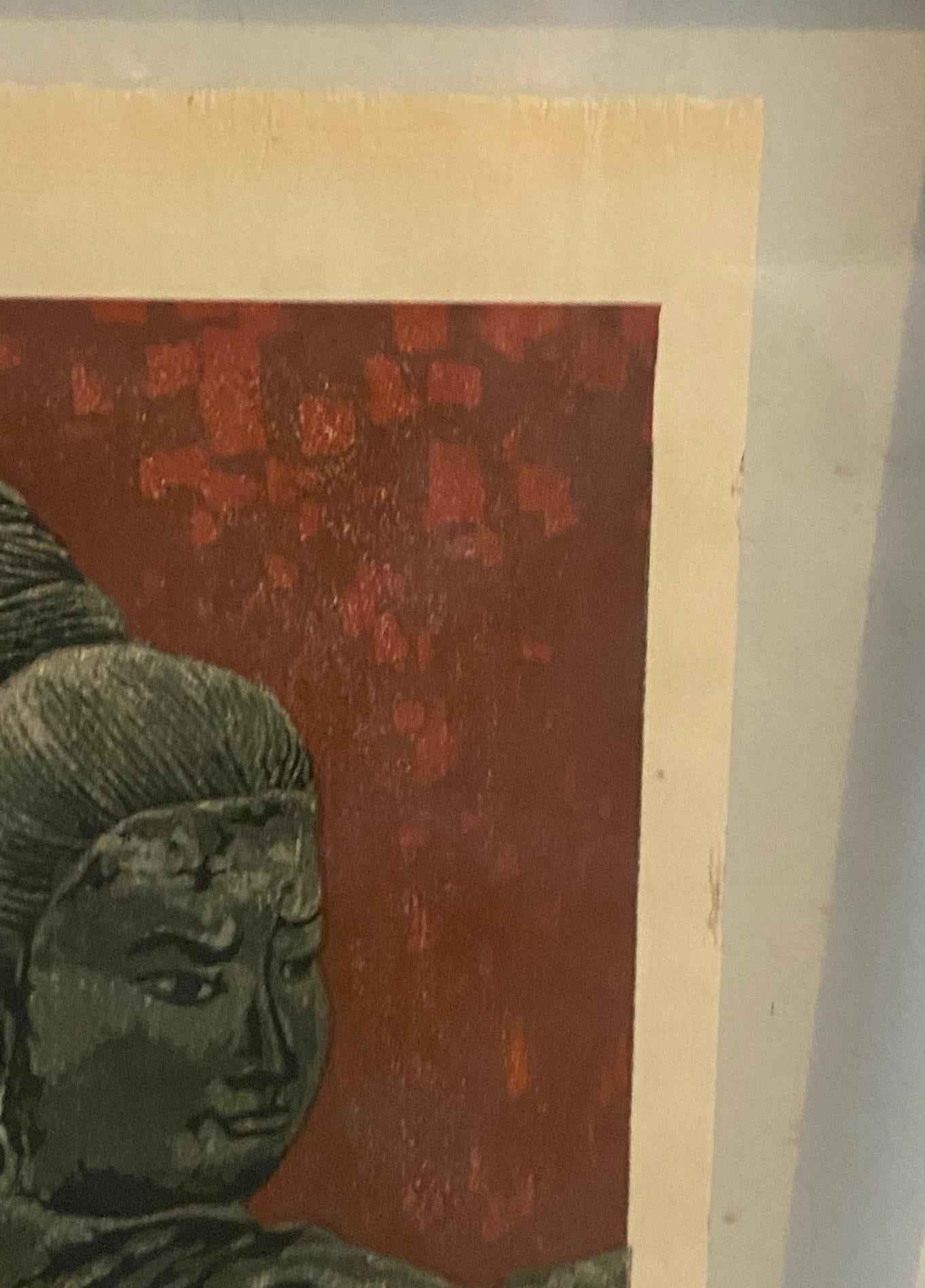 Shiro Kasamatsu Impresión xilográfica japonesa firmada Deidad de tres cabezas Templo de Ashura en venta 2