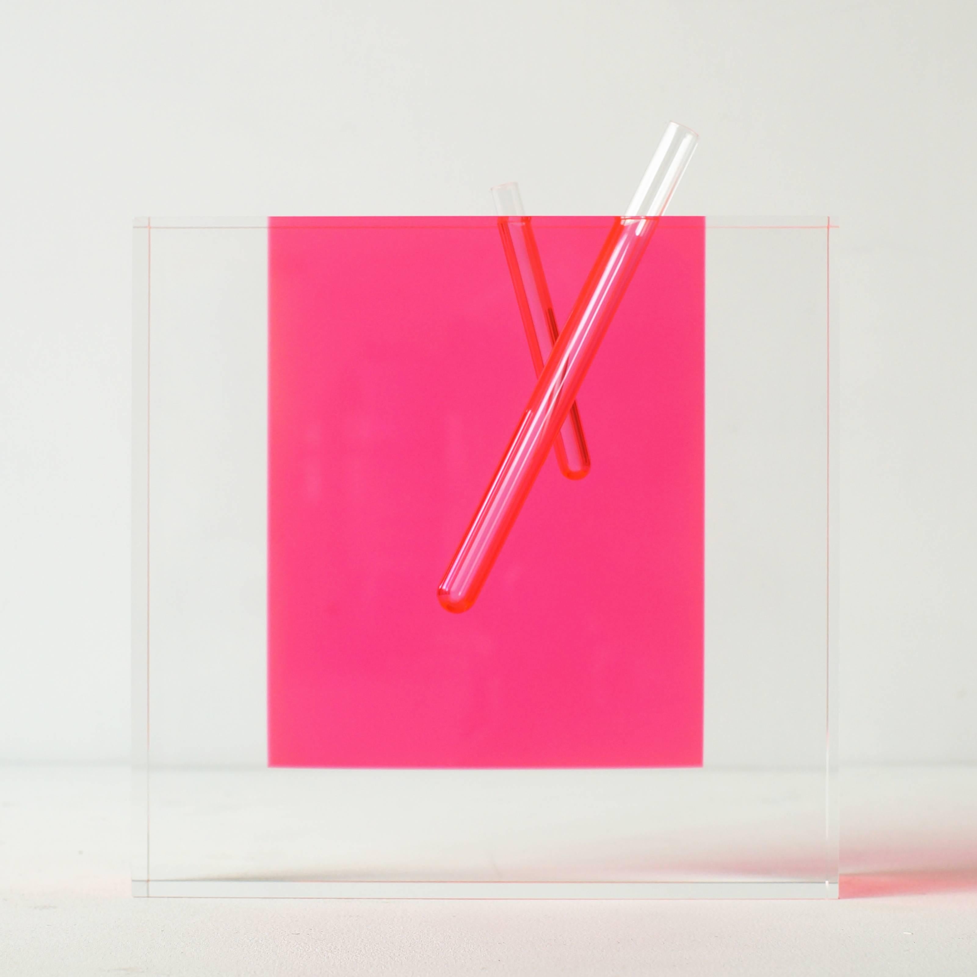 Shiro Kuramata acrylic pink vase large model. Mint condition. Pink and clear acrylic bock with glass tube.