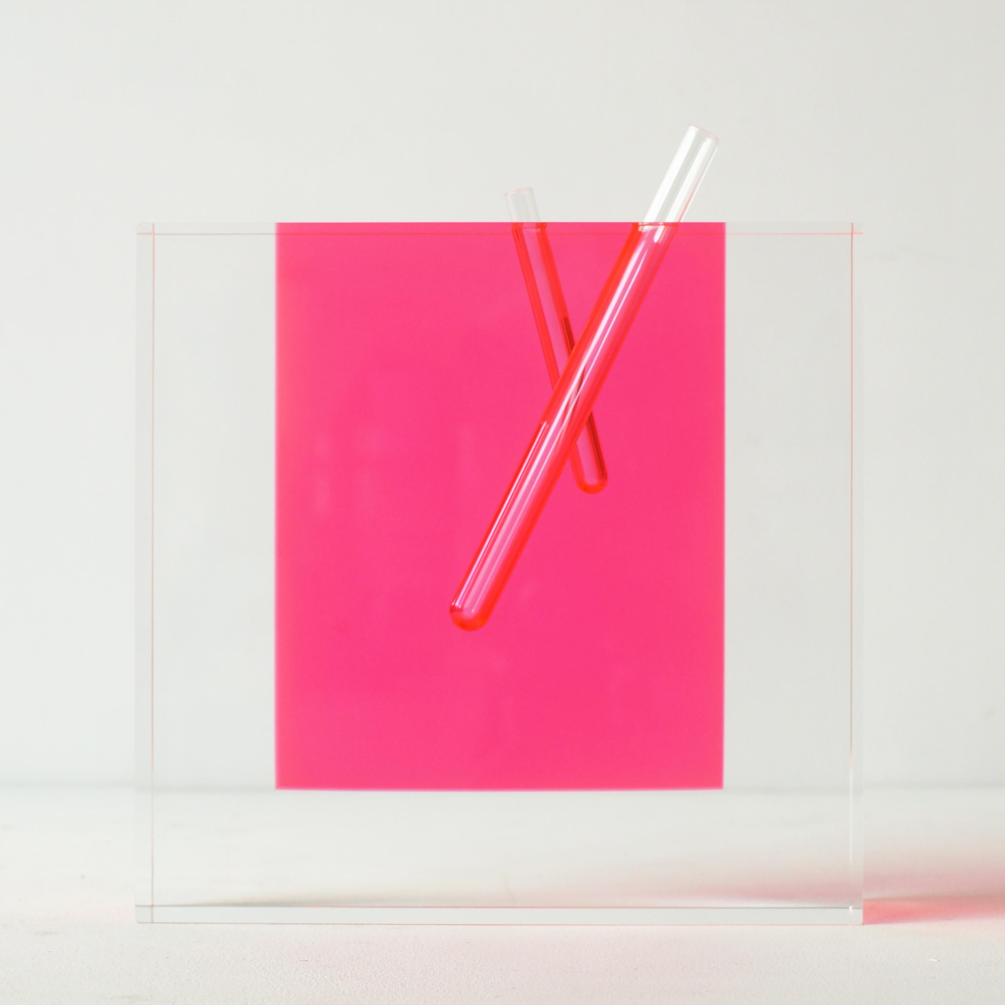 Shiro Kuramata acrylic pink vase large model. Mint condition. Pink and clear acrylic bock with glass tube.