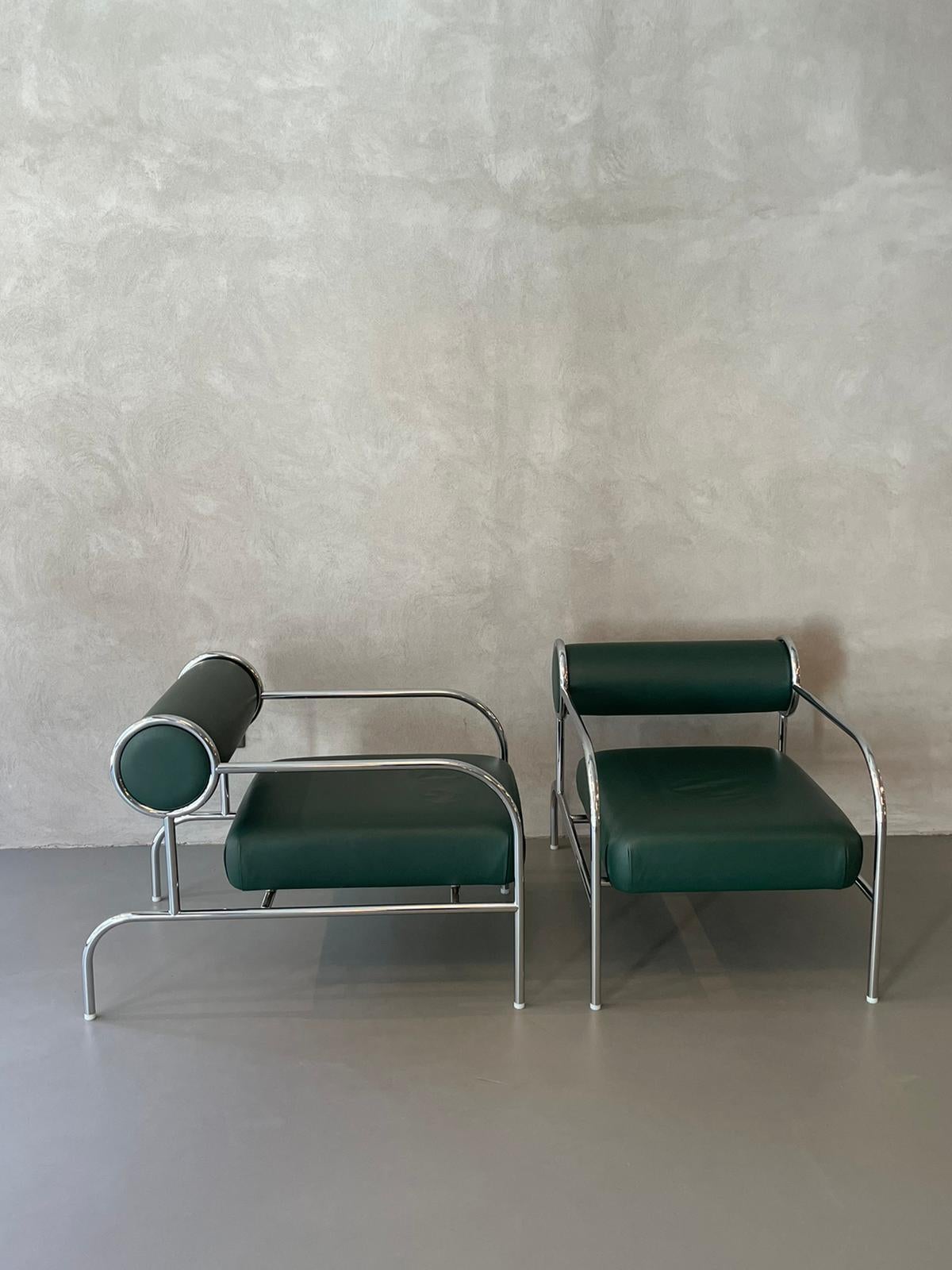 Shiro Kuramata Pair of Armchairs Green Leather and Chrome Italy Vintage Patina 1