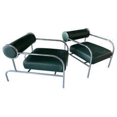 Shiro Kuramata Pair of Armchairs Green Leather and Chrome Italy Vintage Patina