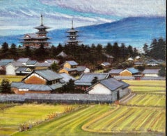 Impressionist landscape in Summer landscape. Village Fields with Pagoda