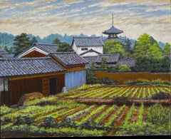 Impressionist landscape in Summer landscape. Village Fields with Pagoda