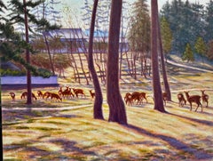 Impressionist landscape in Summer with Deer in a Parkland setting near a Temple