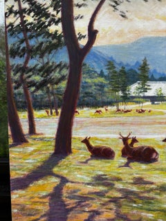Impressionist landscape in Summer with Deer in a Parkland setting near a Temple