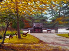 Impressionist landscape in Summer with Deer in a Parkland setting near a Temple