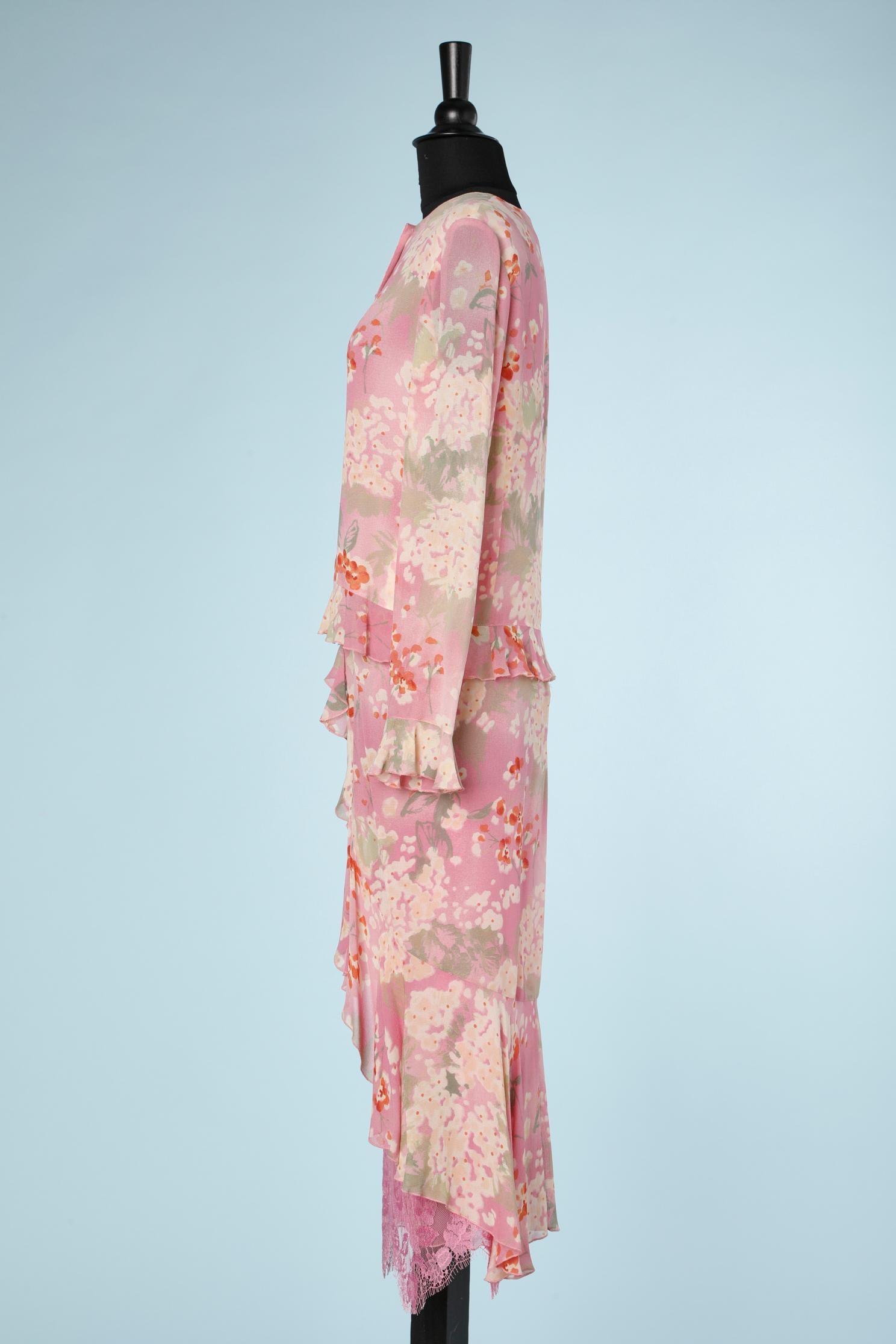 Shirt and skirt ensemble printed crêpe and pink lace Emmanuel Ungaro Parallèle In Excellent Condition In Saint-Ouen-Sur-Seine, FR