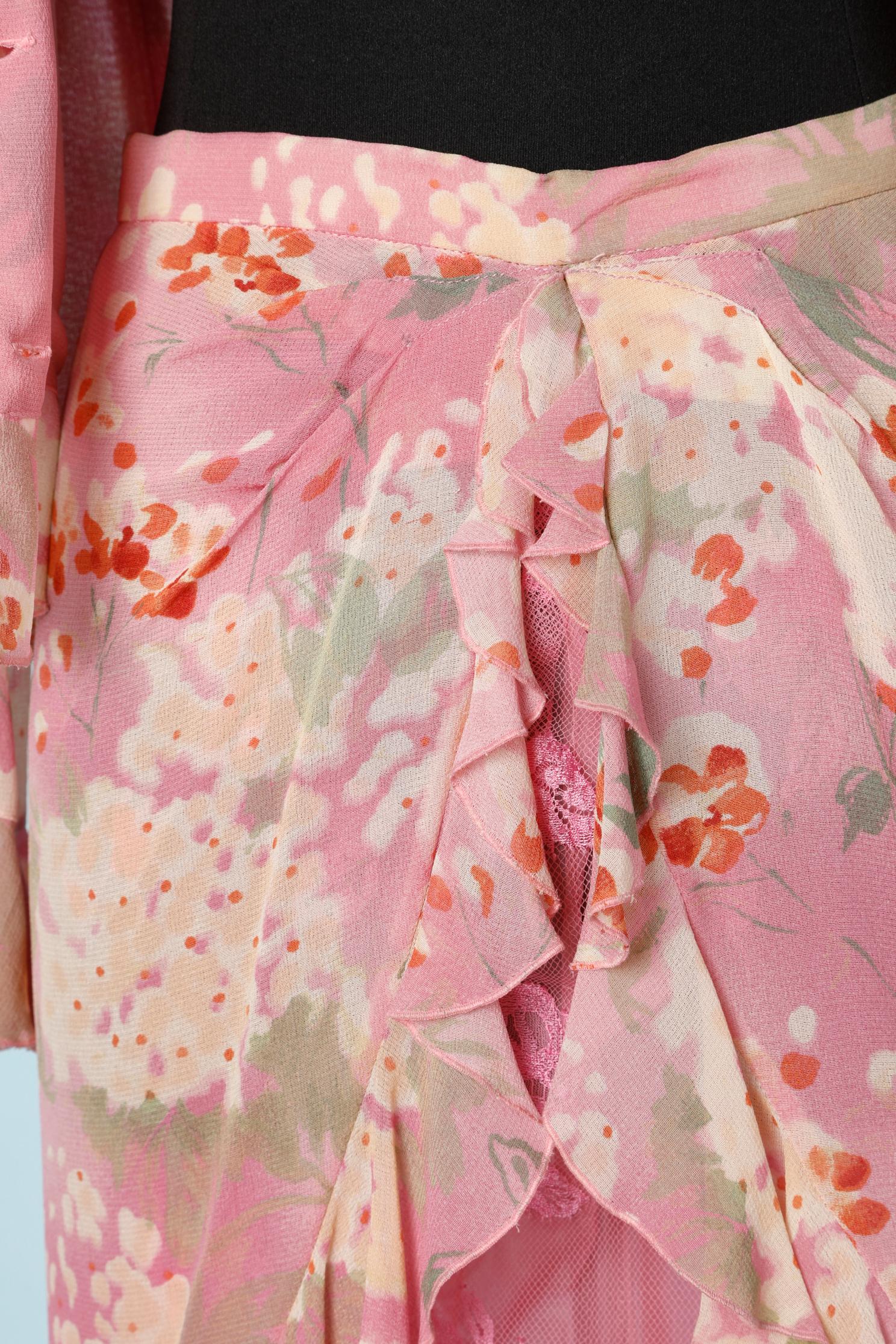 Shirt and skirt ensemble printed crêpe and pink lace Emmanuel Ungaro Parallèle 1