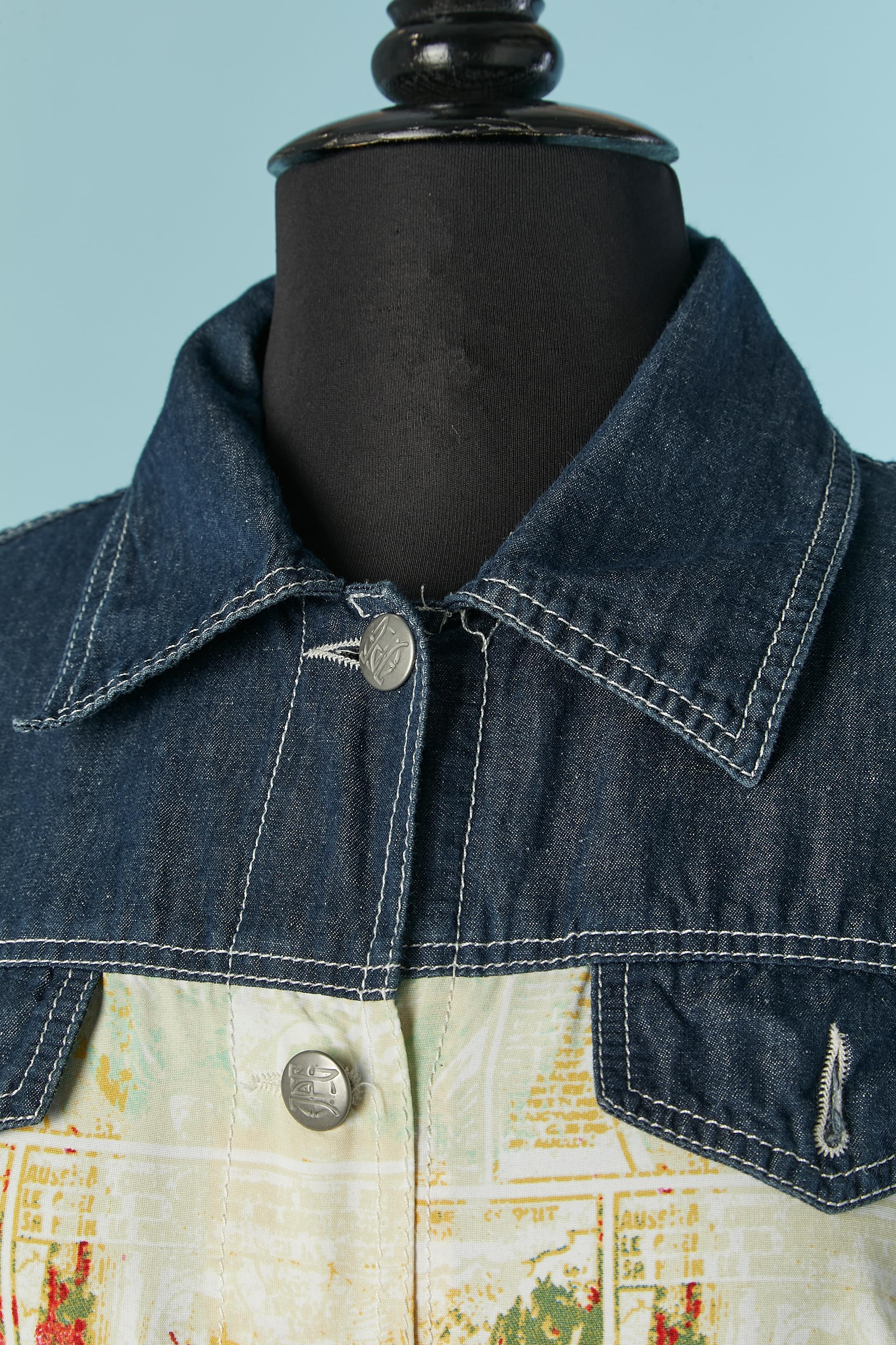 Shirt dress made of denim and printed 