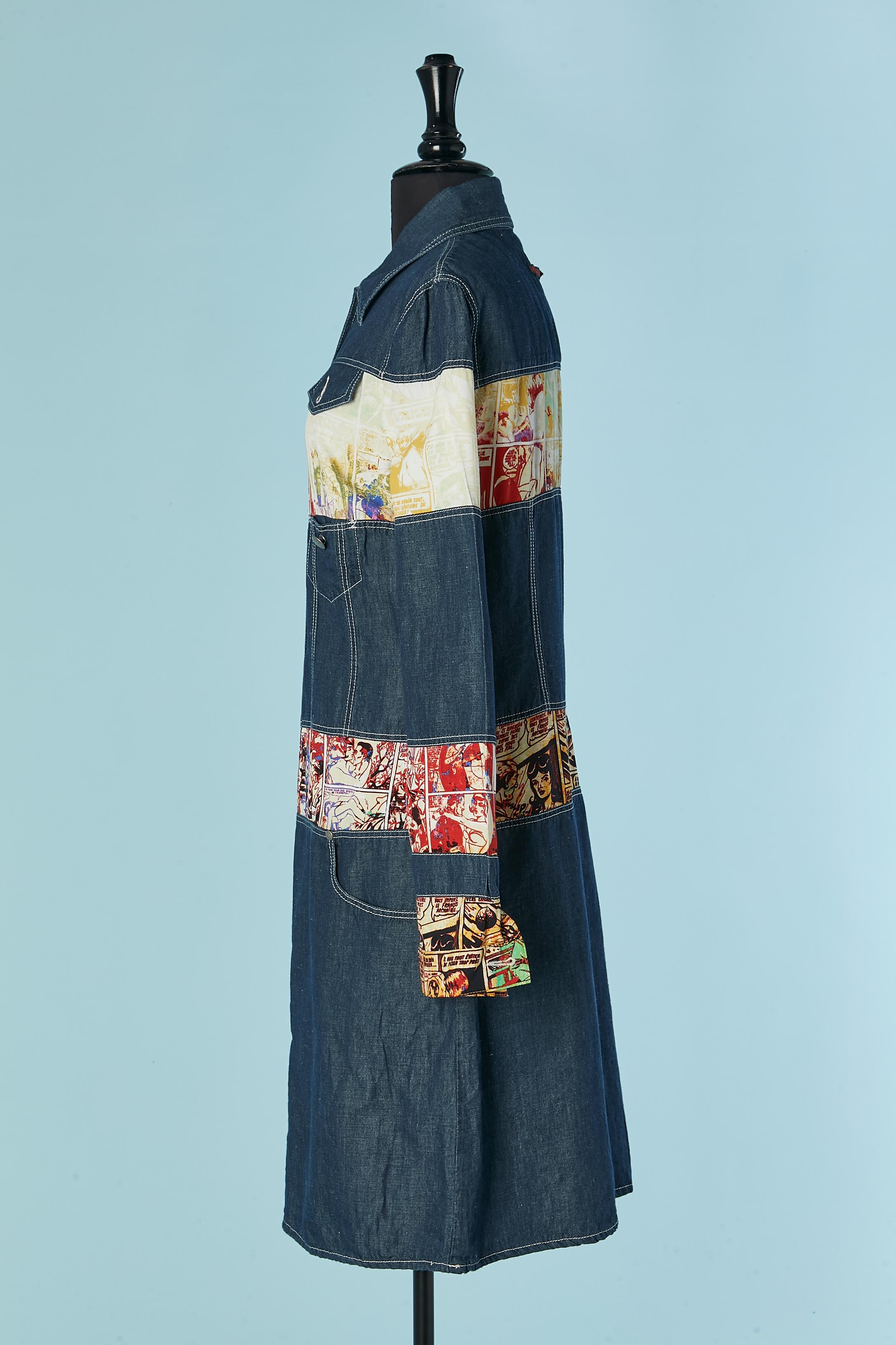 Shirt dress made of denim and printed 
