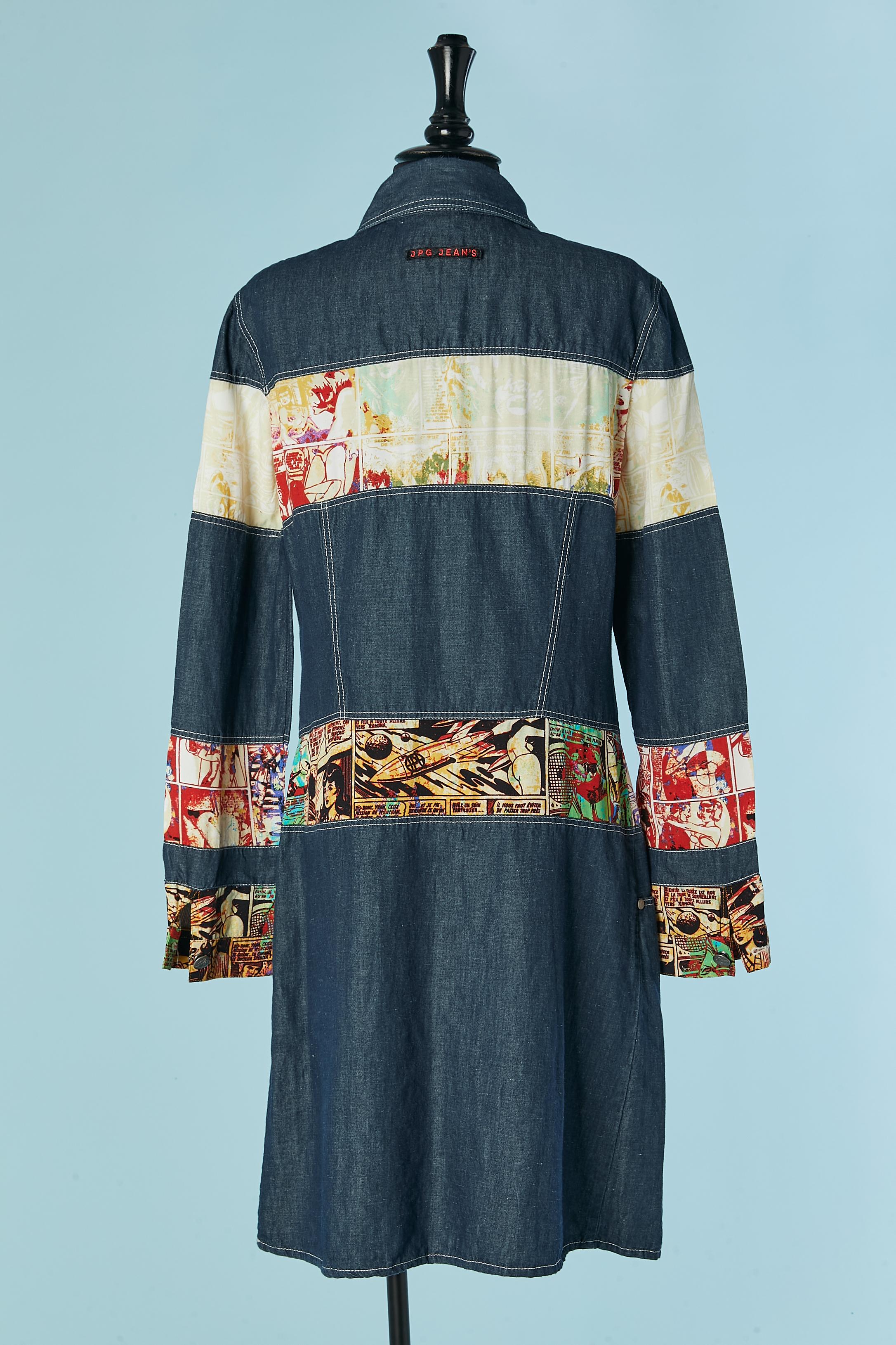 Shirt dress made of denim and printed 