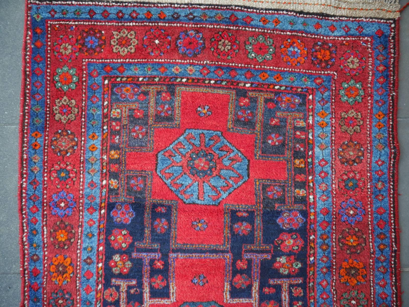 Wool Shirvan Caucasian Vintage Carpet with Vibrant Colors Red Blue Orange Green