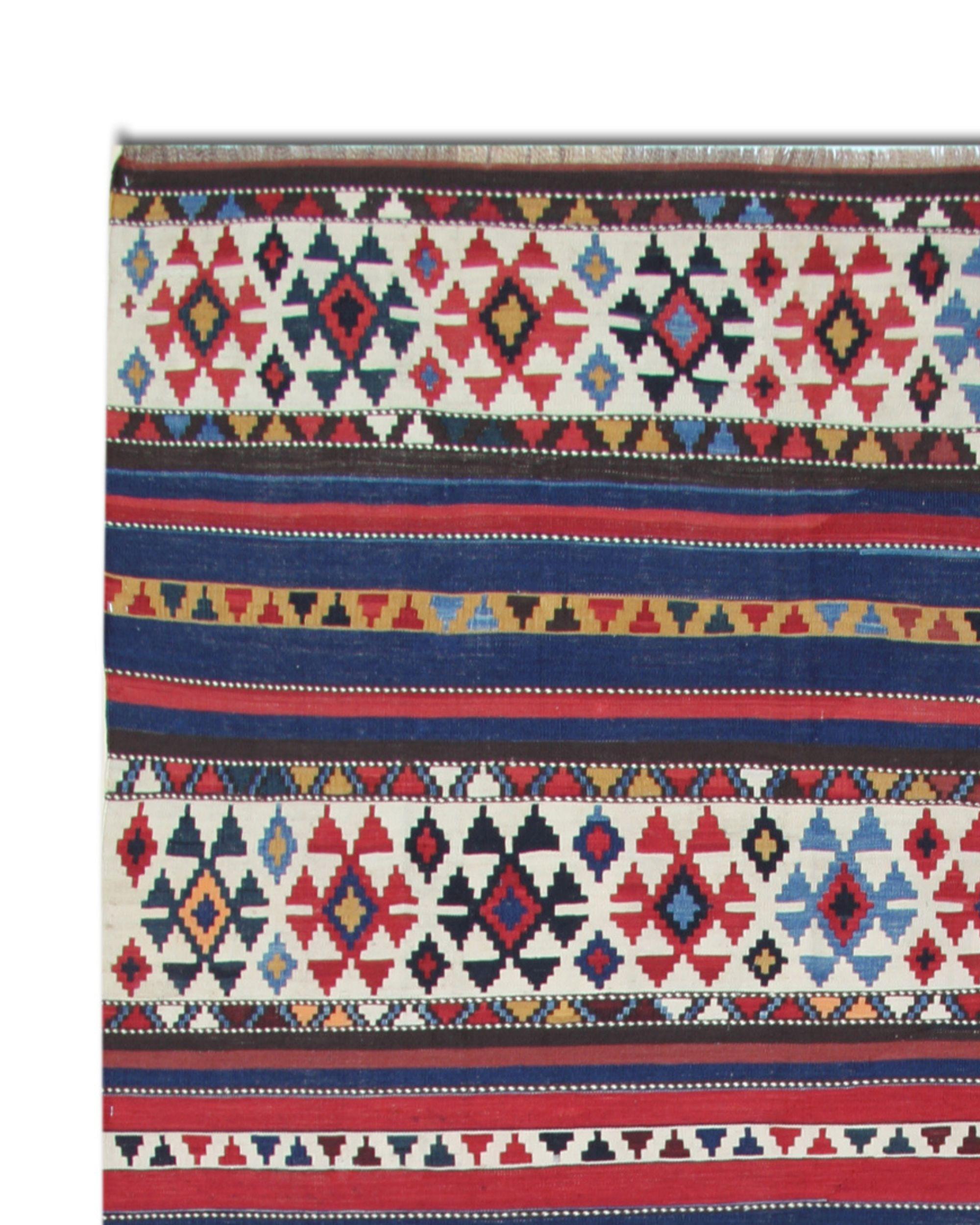Mid-20th Century Shirvan Kilim Runner Rug 1940s, Tribal Striped Geometric Wool 340x160cm For Sale