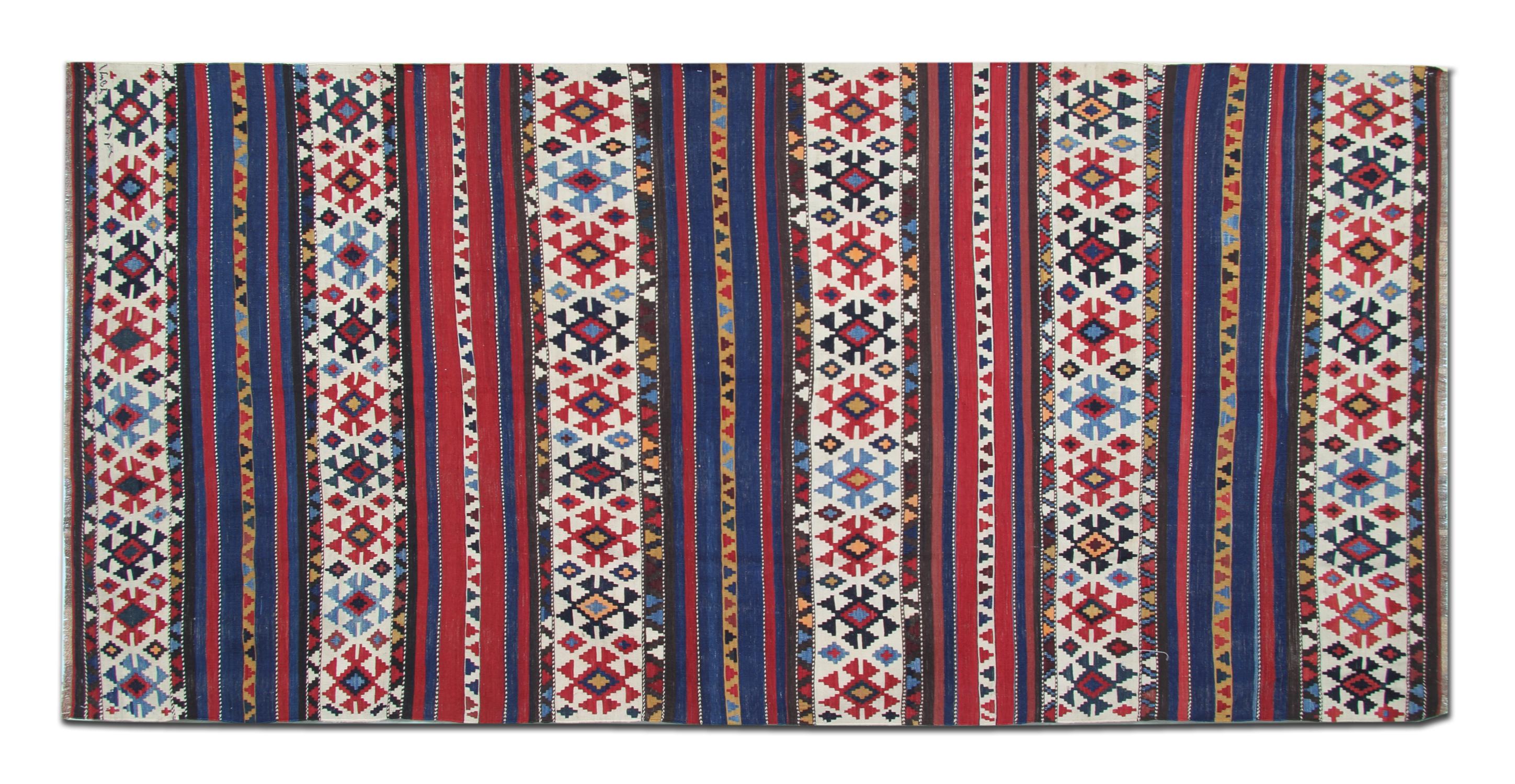 Shirvan Kilim Runner Rug 1940s, Tribal Striped Geometric Wool 340x160cm For Sale 1
