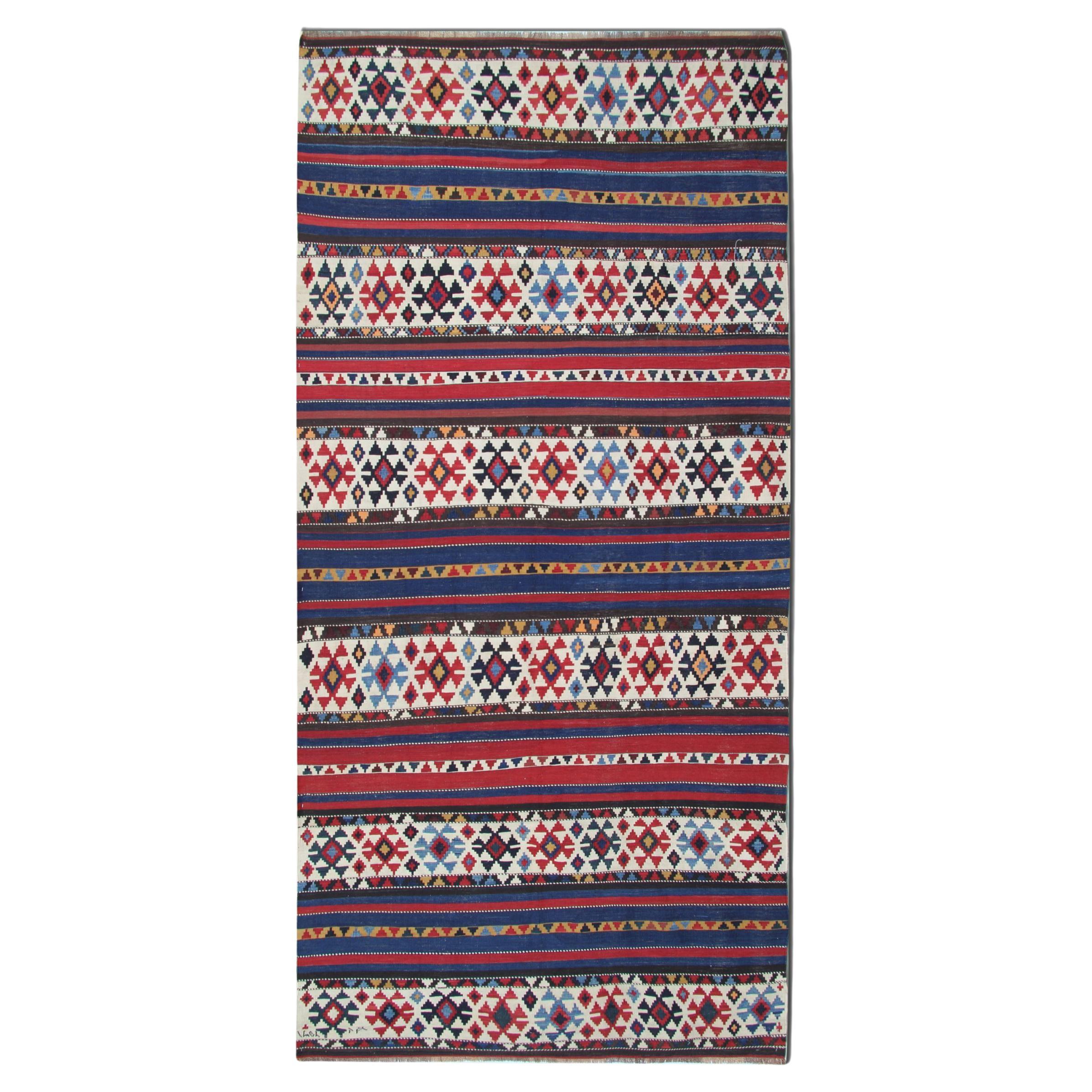 Shirvan Kilim Runner Rug 1940s, Tribal Striped Geometric Wool 340x160cm For Sale
