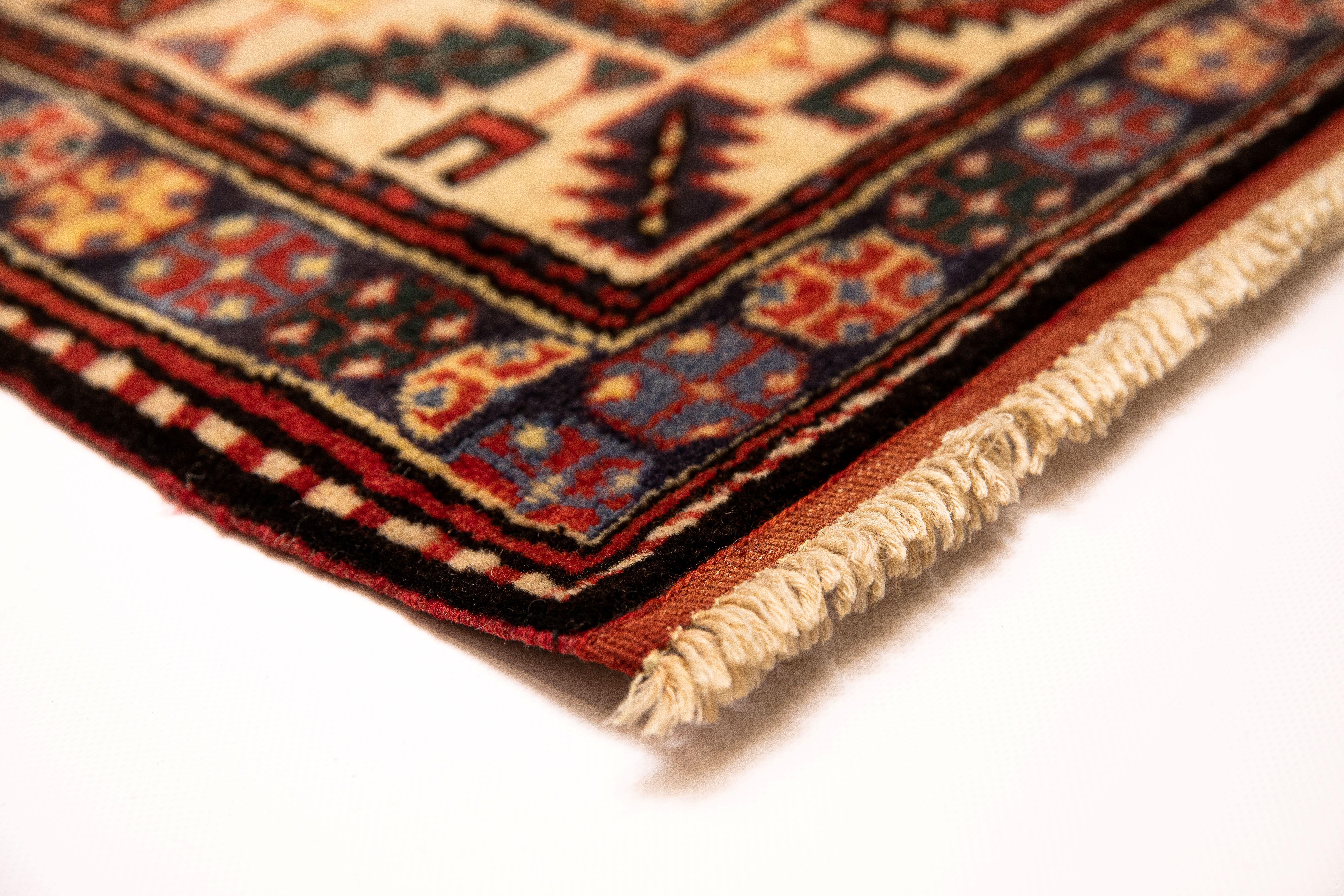 This is an exceptional rug, brand new, and made under special circumstances. Let us tell you briefly the back story.
Modern day Azerbaijan with its many mountains and valleys, as in past centuries is a mosaic of different tribal peoples, isolated
