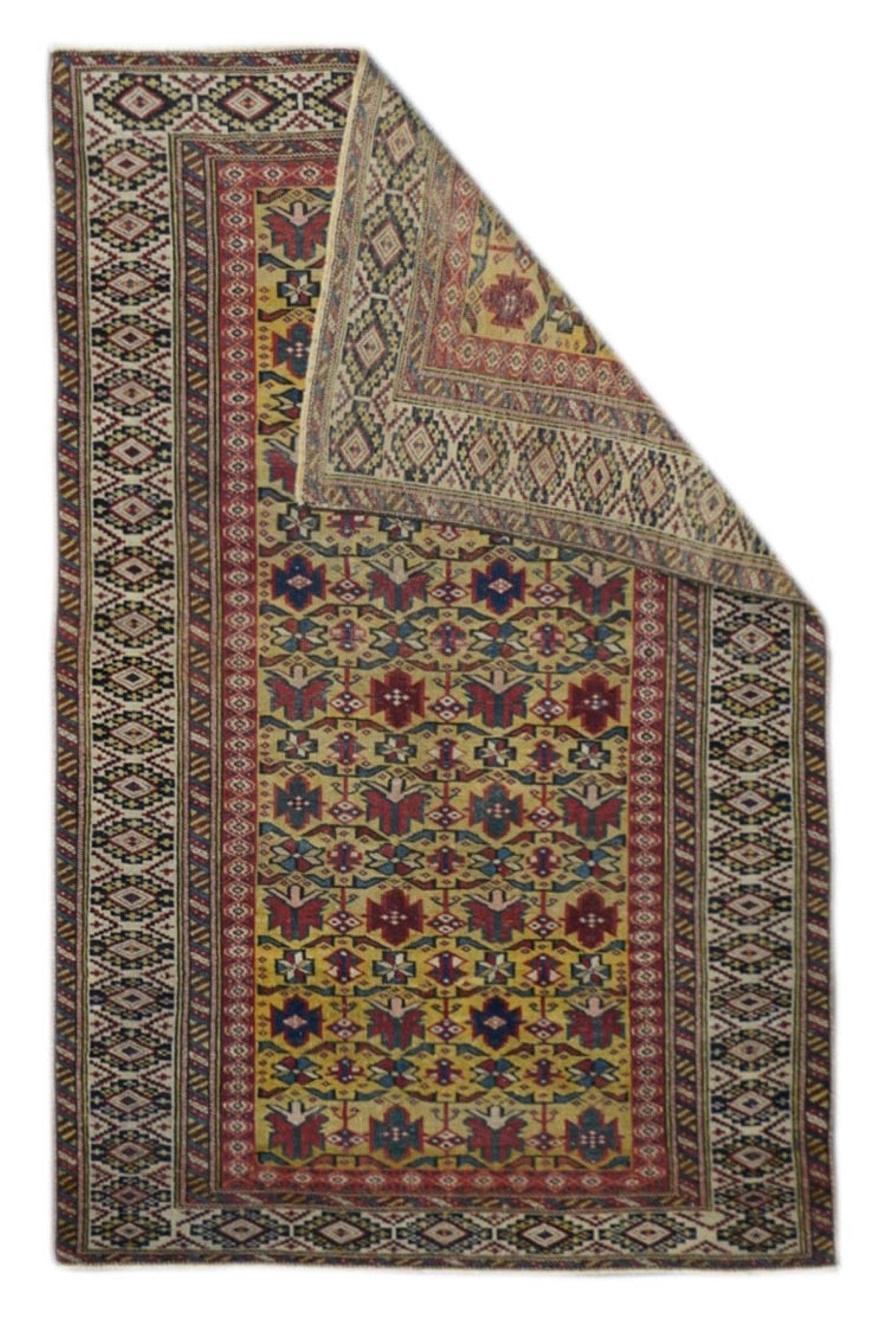Shirvan Rug 3'5'' x 5'5''. Eastern Caucasian, west Caspian Caucasian rugs, primarily scatters, in geometric layouts, some prayer, from a wide range of local villages. Marasali prayer rugs are considered as the best. Some pictorials. Wool warps,