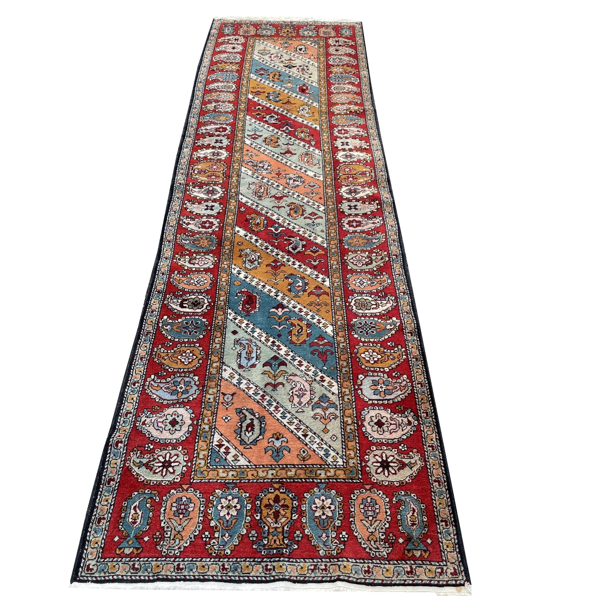 Beautiful semi antique Shirvan vintage rug Azerbeijan 11 x 3 ft / 344 x 92 cm Bohemian carpet red, green, beige, blue, gray - midcentury

• Beautiful vintage rug 1960s mid-century
• All handmade
• Pile pure wool, warp and weft cotton
•