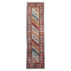 Tapis Shirvan vintage azerbaïjan bleu, beige, orange, violet, motif Gendje du milieu du siècle dernier