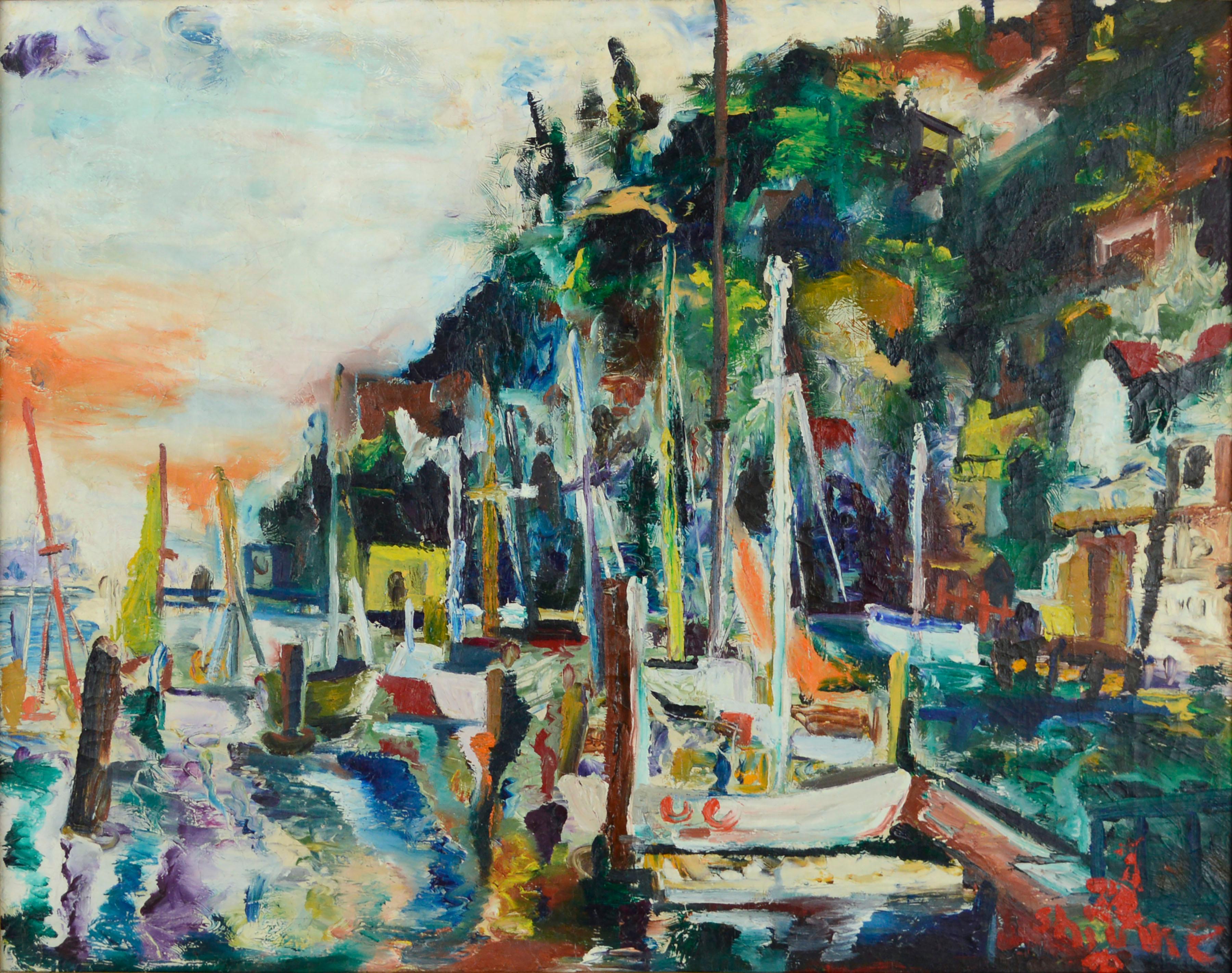 Sausalito Harbor Sailboats, MidCentury Abstract Expressionist Bay Area Seascape  - Painting by Shiume