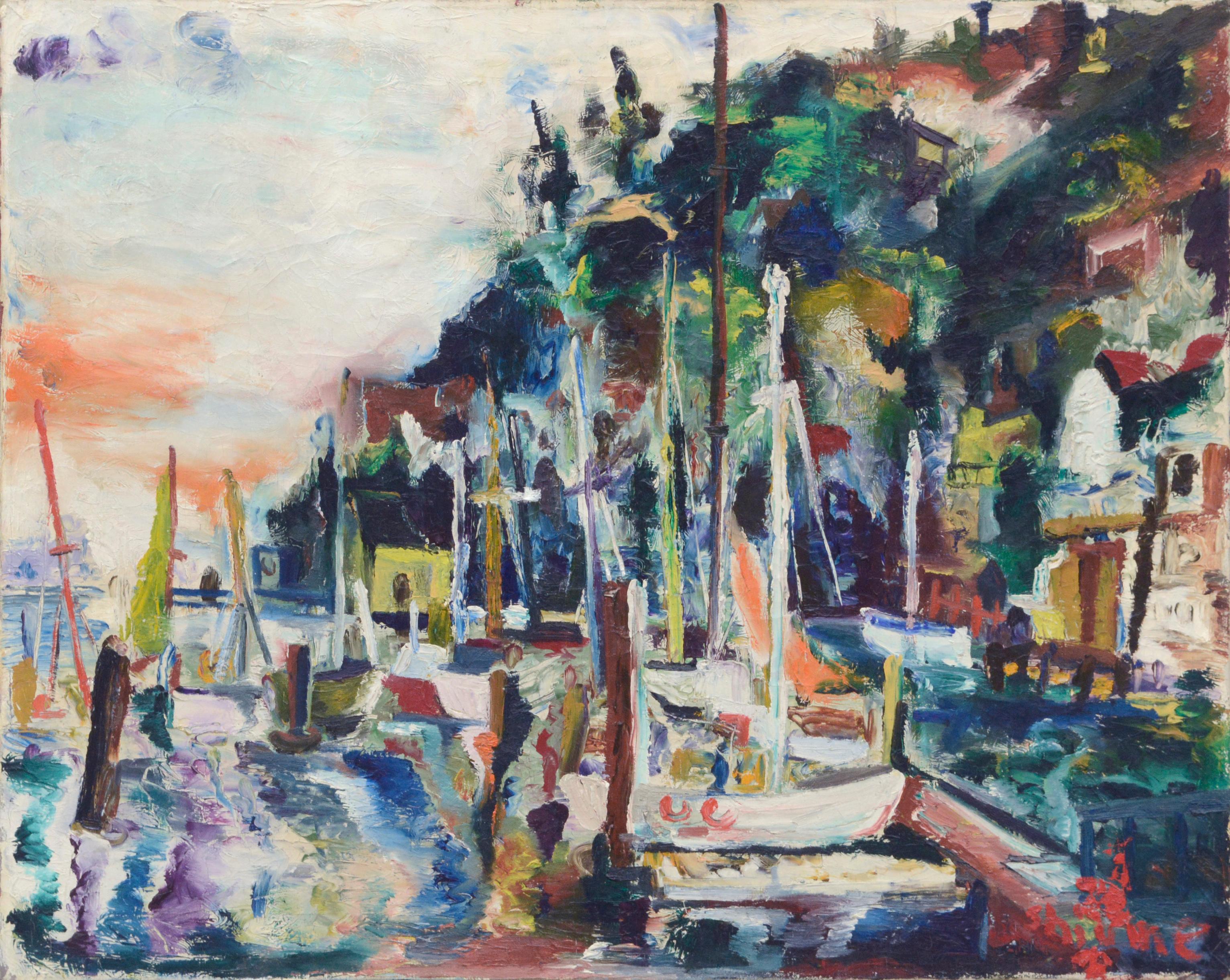 Shiume Abstract Painting - Sausalito Harbor Sailboats, MidCentury Abstract Expressionist Bay Area Seascape 