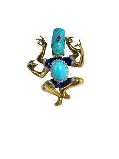 Multi-Armed Shiva Brooch in 18K Gold with Turquoise, Ruby, Enamel & Diamonds