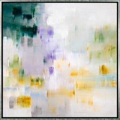 "Mists in the Wind" - Peinture à l'huile abstraite texturée avec des tons violets, verts et jaunes