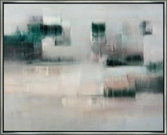 "The Boathouse" Peinture abstraite contemporaine à l'huile sur toile encadrée