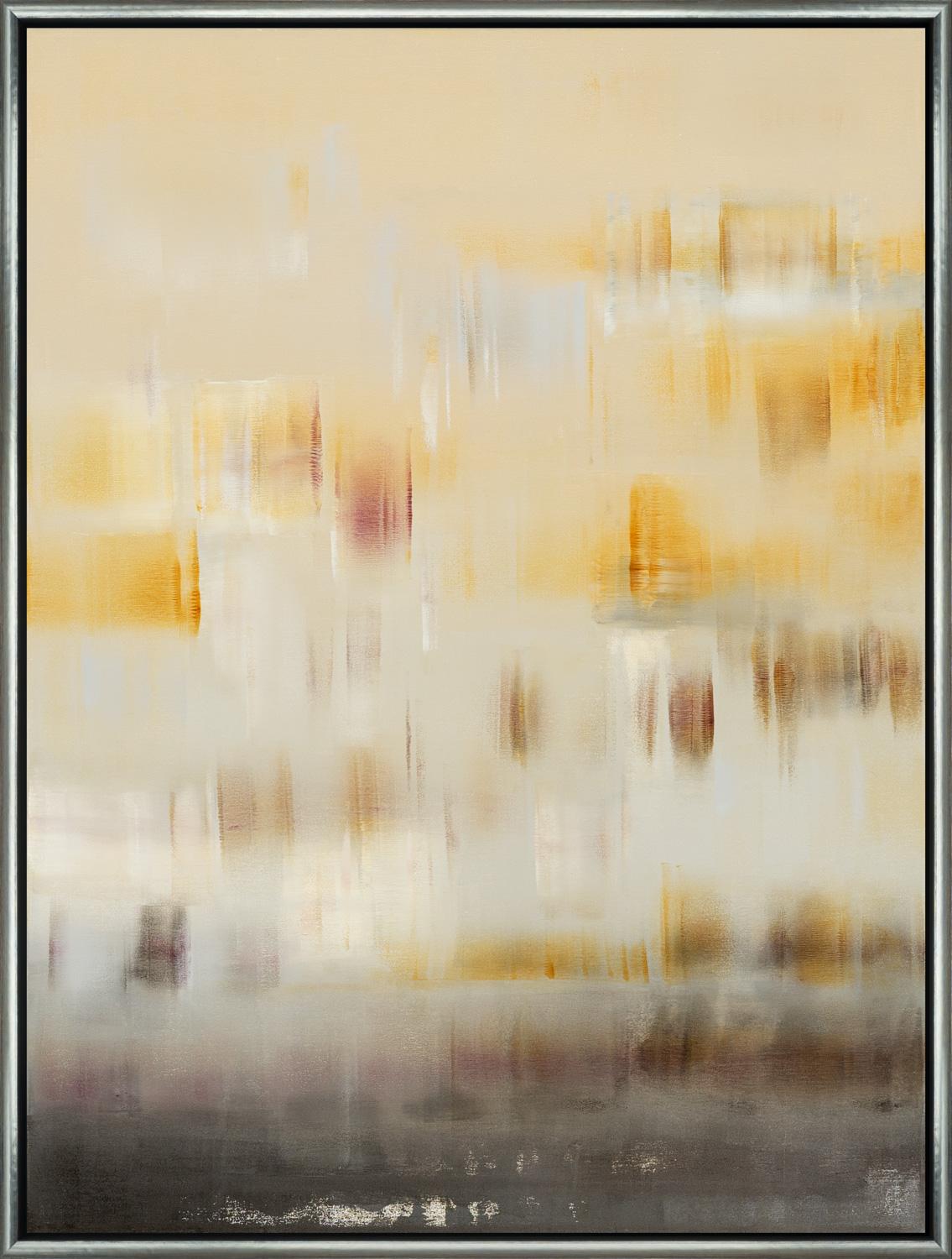 "The Wind Song I" is a framed oil on canvas painting by Shivani Dugar, with abstract shapes and a mix of warm yellow ochre and deep violet tones. Dugar's application of the paint creates a balance with rich texture, the combination of vertical