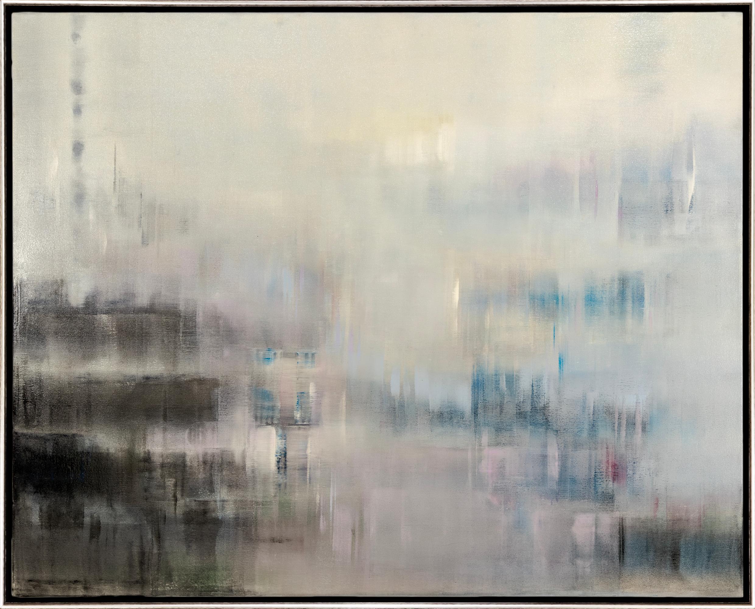 Shivani Dugar Abstract Painting - "Twilight Tides" Contemporary Abstract Cool Tones Framed Oil on Canvas Painting