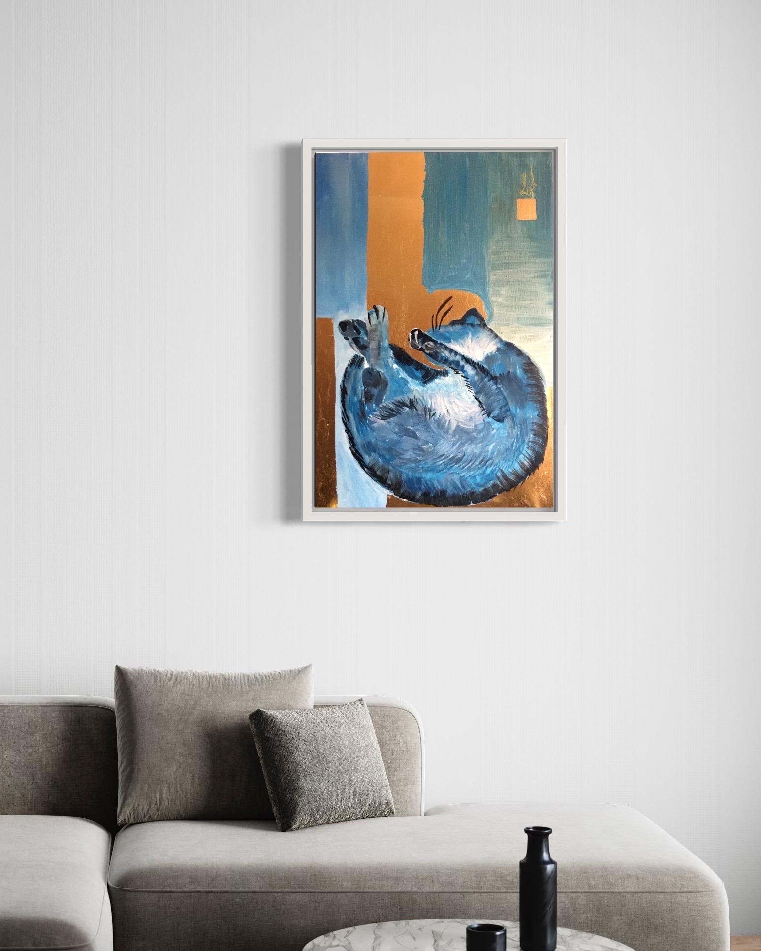 Original-Primary Blue-Cat-Expression-Gold Leaf-UK Awarded Artist - Painting by Shizico Yi