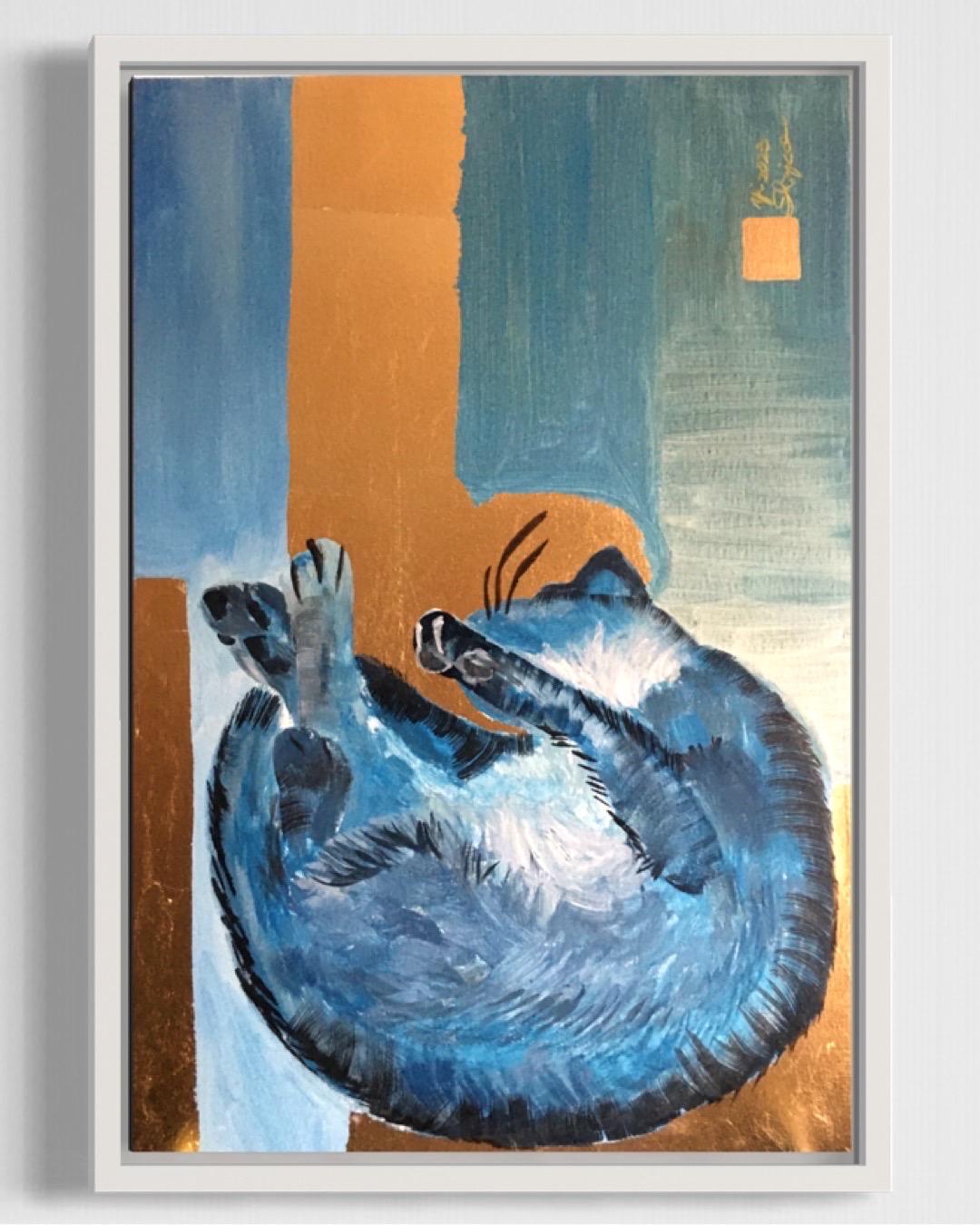 Original-Primary Blue-Cat-Expression-Gold Leaf-UK Awarded Artist For Sale 1