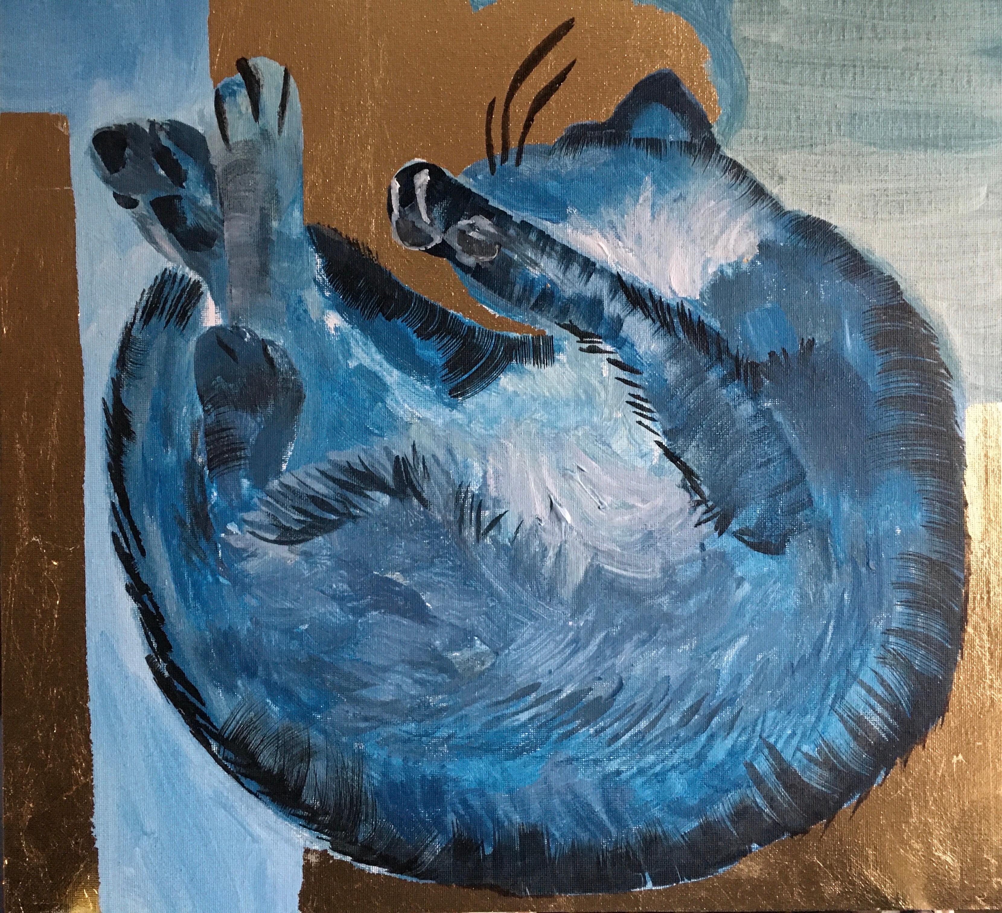 Original-Primary Blue-Cat-Expression-Gold Leaf-UK Awarded Artist For Sale 3