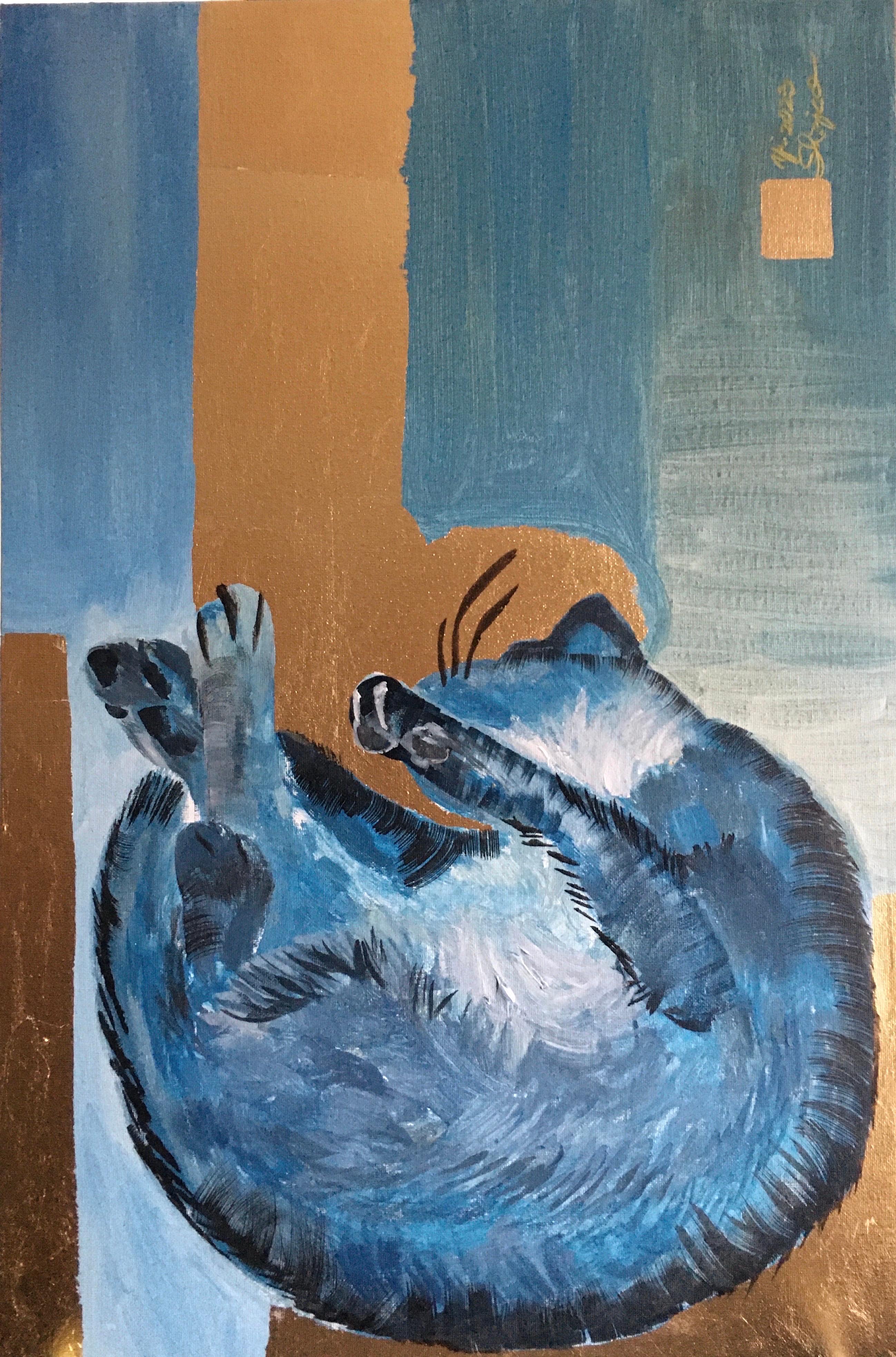 Shizico Yi Abstract Painting - Original-Primary Blue-Cat-Expression-Gold Leaf-UK Awarded Artist