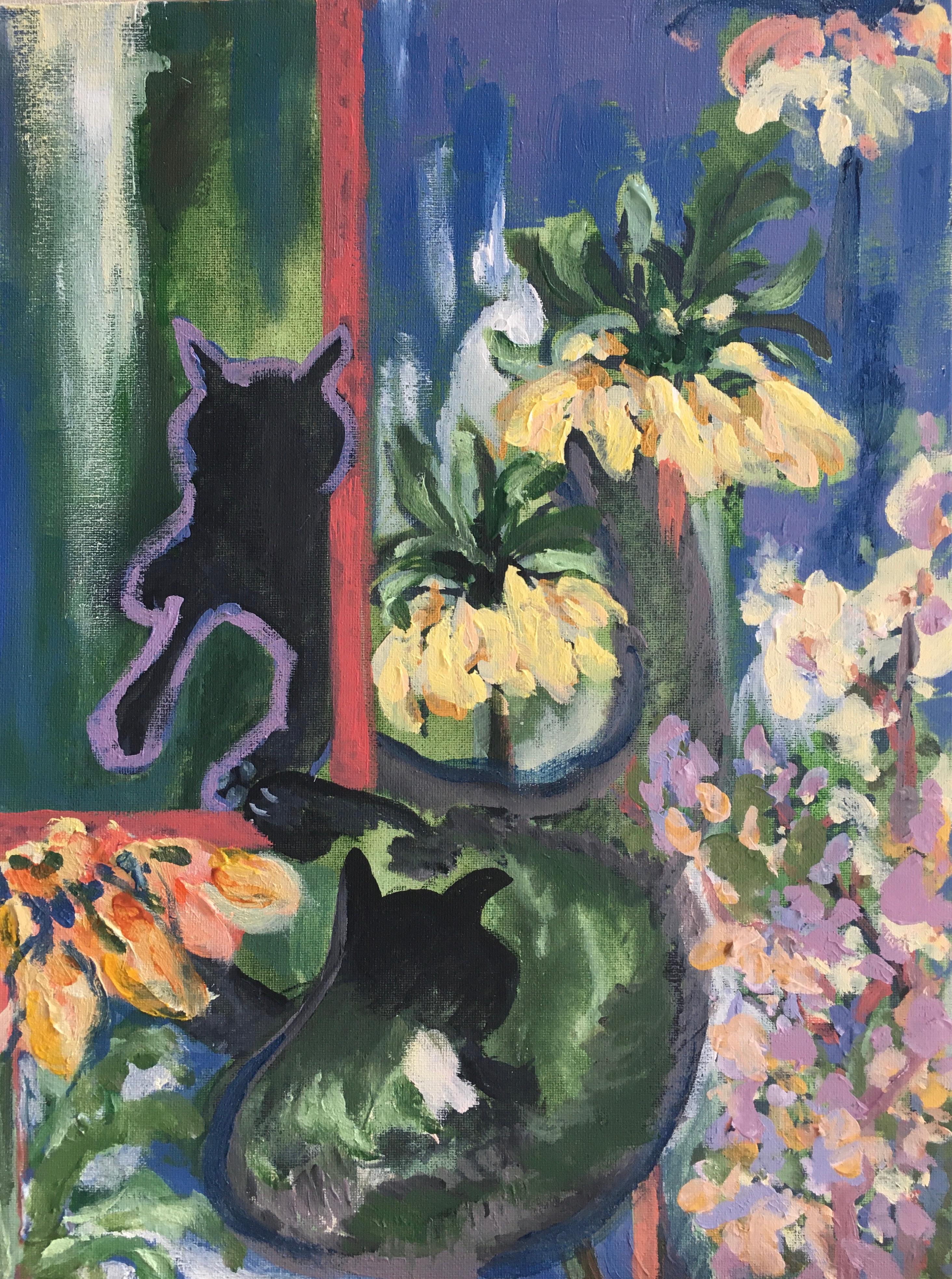 Shizico Yi Landscape Painting - Original-A Cat, a Mirror&theGarden-Expression-Abstract-UK Awarded Artist-Spring