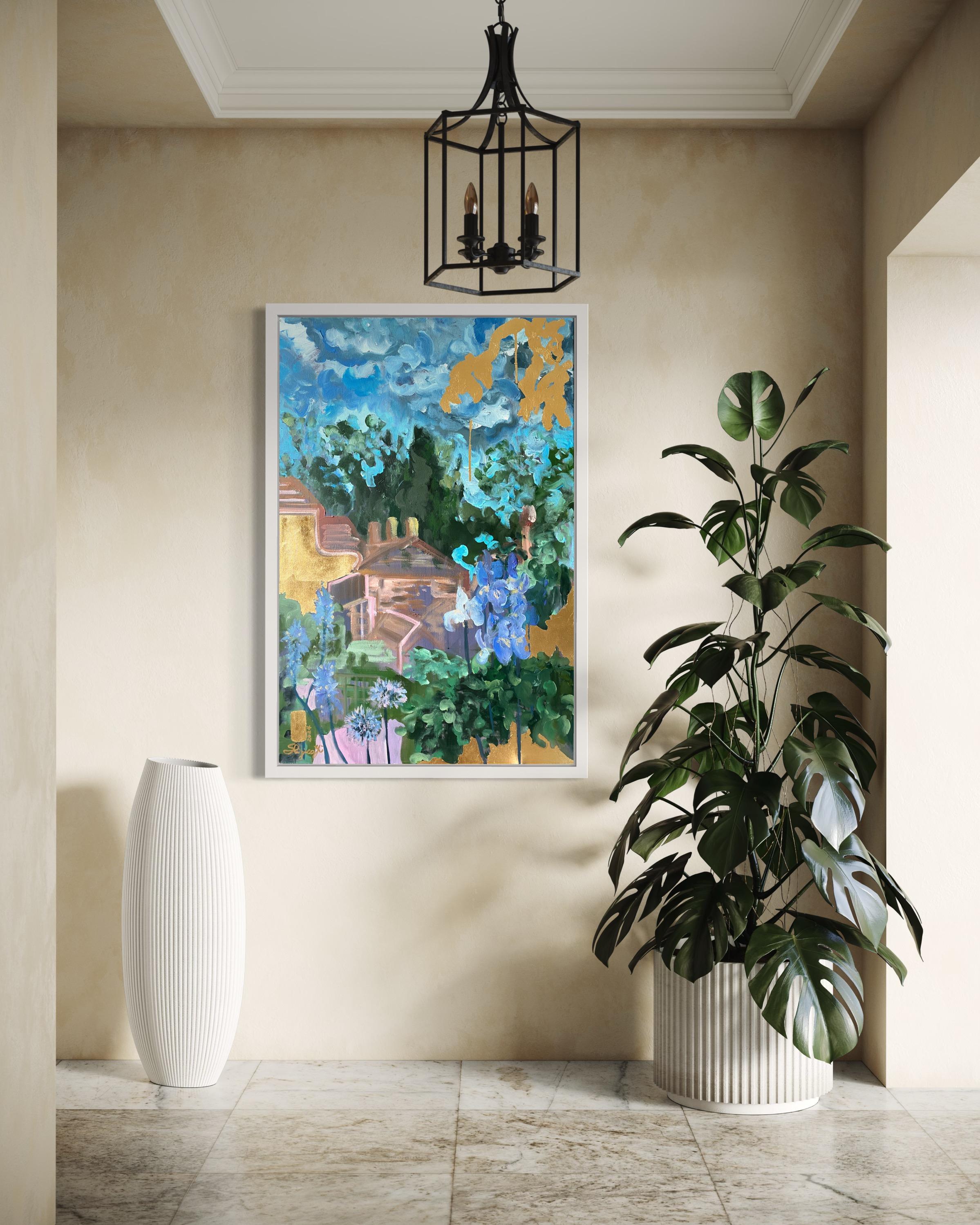 Óleo grande original-Artista británico galardonado-Jardinero constante-Hoja de oro - Painting de Shizico Yi