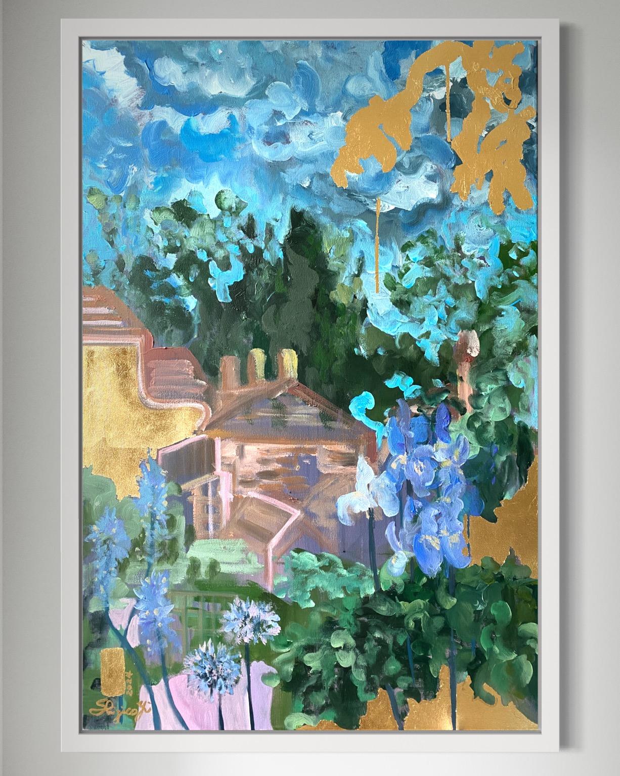 Óleo grande original-Artista británico galardonado-Jardinero constante-Hoja de oro - Painting Impresionista abstracto de Shizico Yi