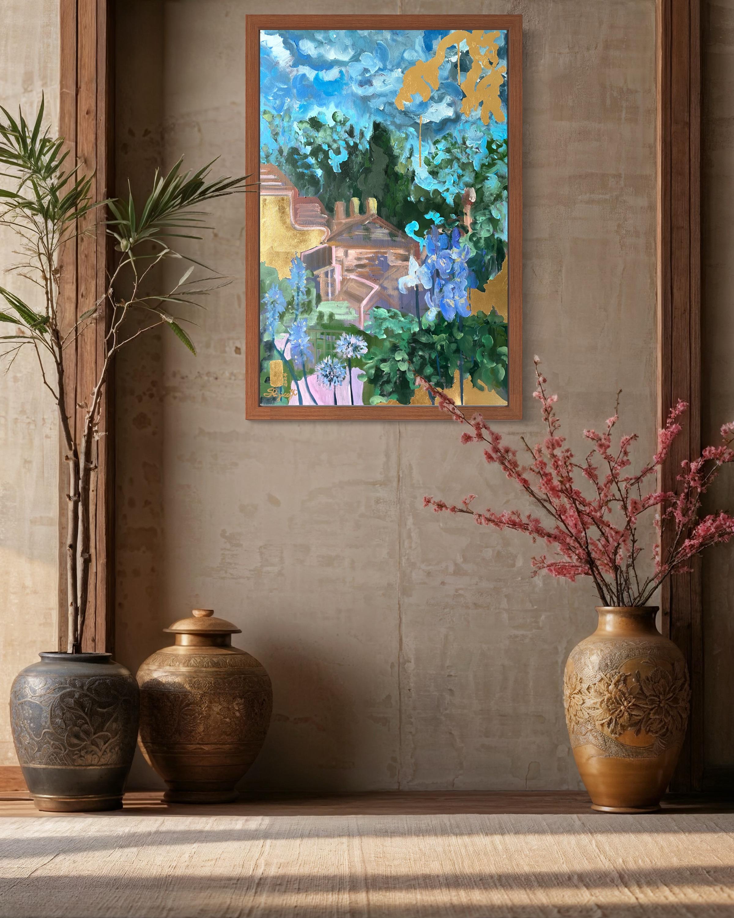 Óleo grande original-Artista británico galardonado-Jardinero constante-Hoja de oro en venta 4