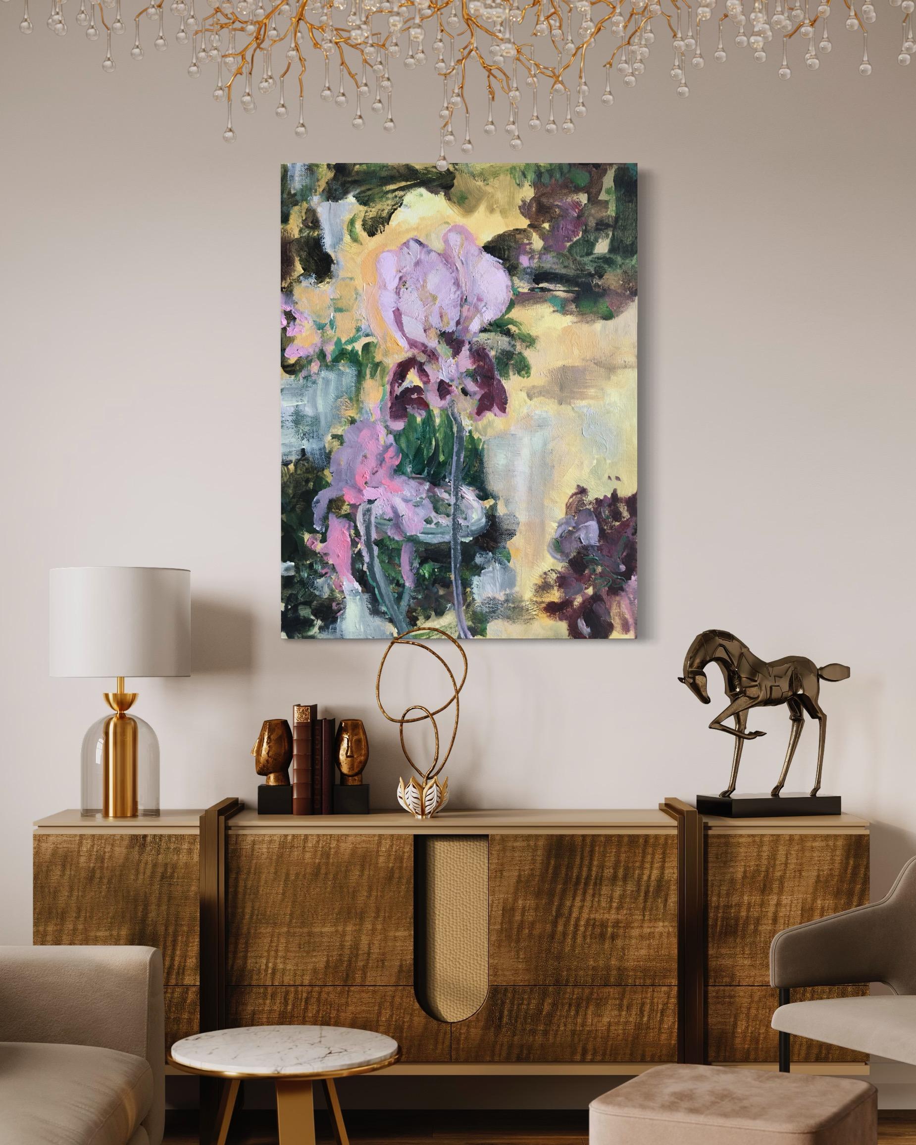 Édition or Benton Irises  Peinture à la main limitée n°1, Expression, artiste britannique - Painting de Shizico Yi
