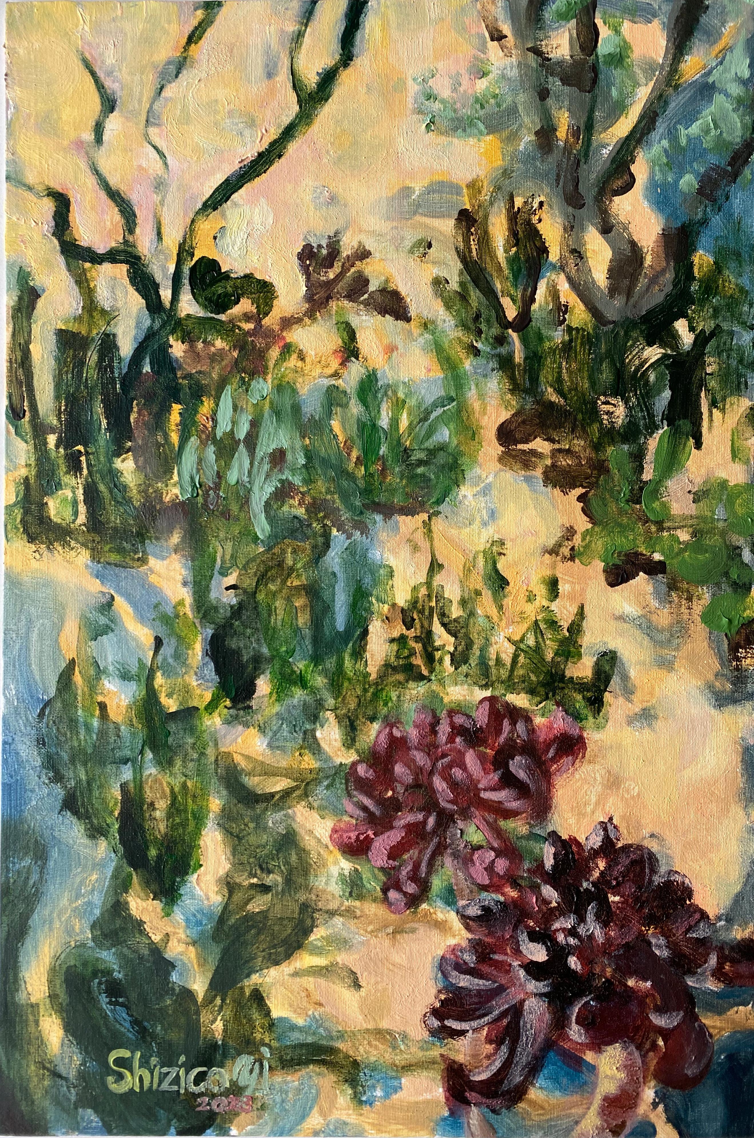 Original-Golden Morning Light-Expressionist-flora-landscape-UK-awarded Artist  - Painting by Shizico Yi