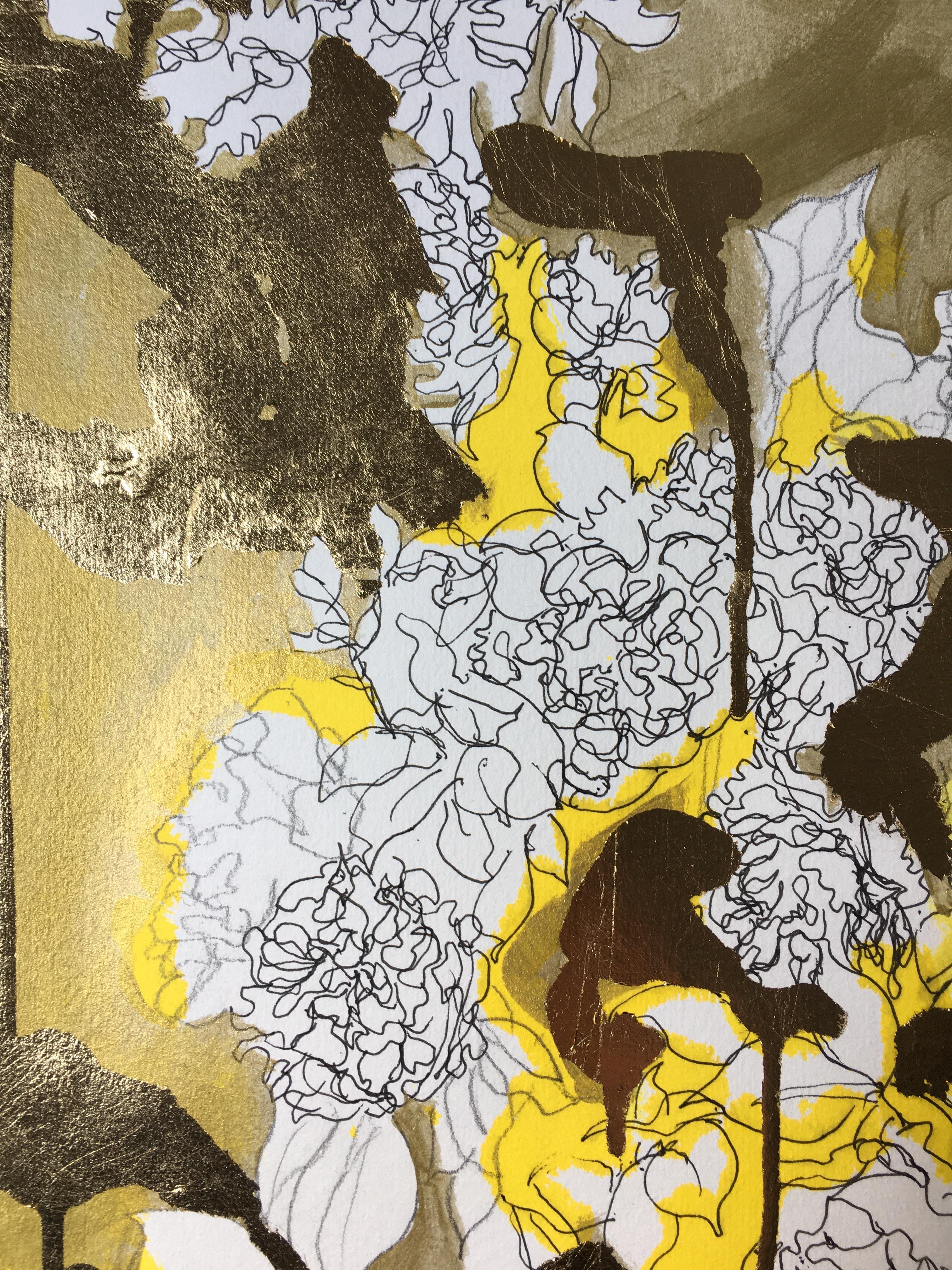 Original-Golden Summer-Sunlit roses-UK Awarded Artist-oro y tinta sobre papel-raro 9