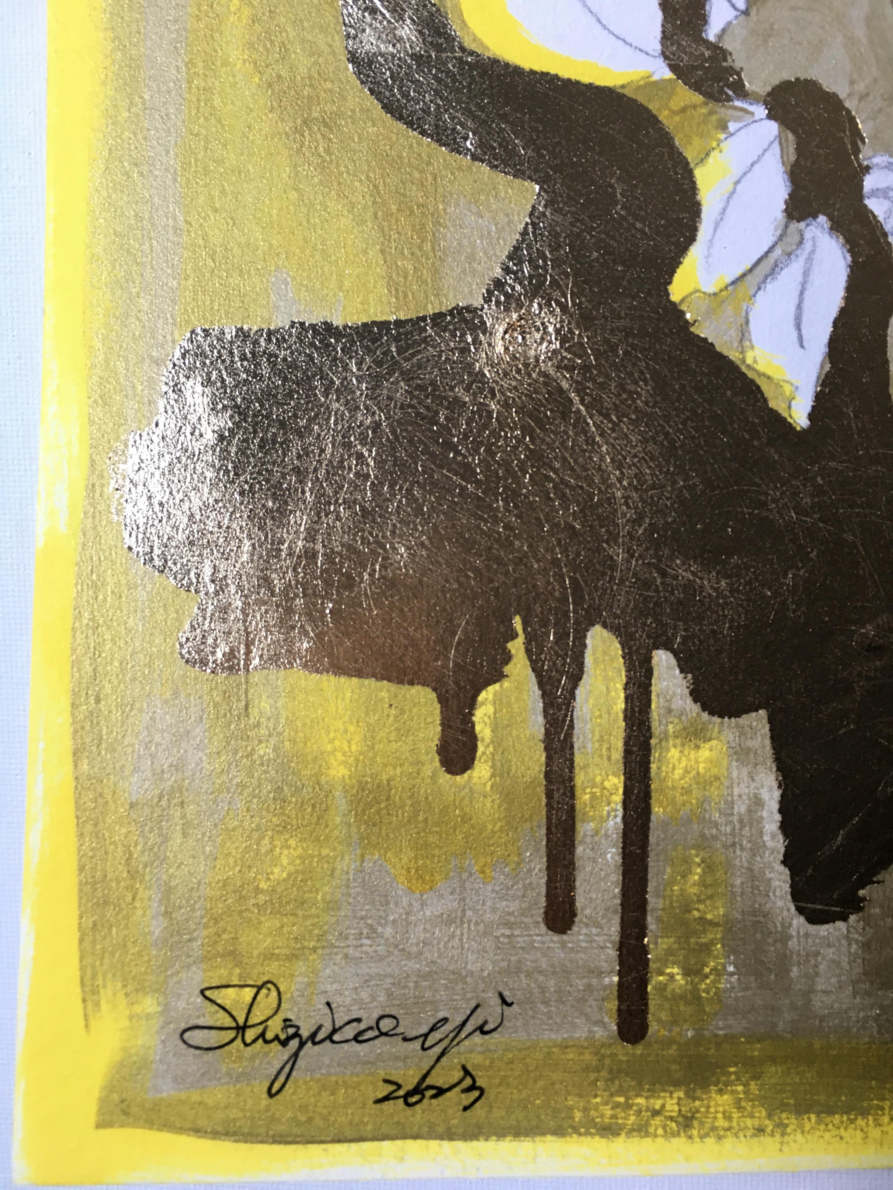 Original-Golden Summer-Sunlit roses-UK Awarded Artist-oro y tinta sobre papel-raro 5