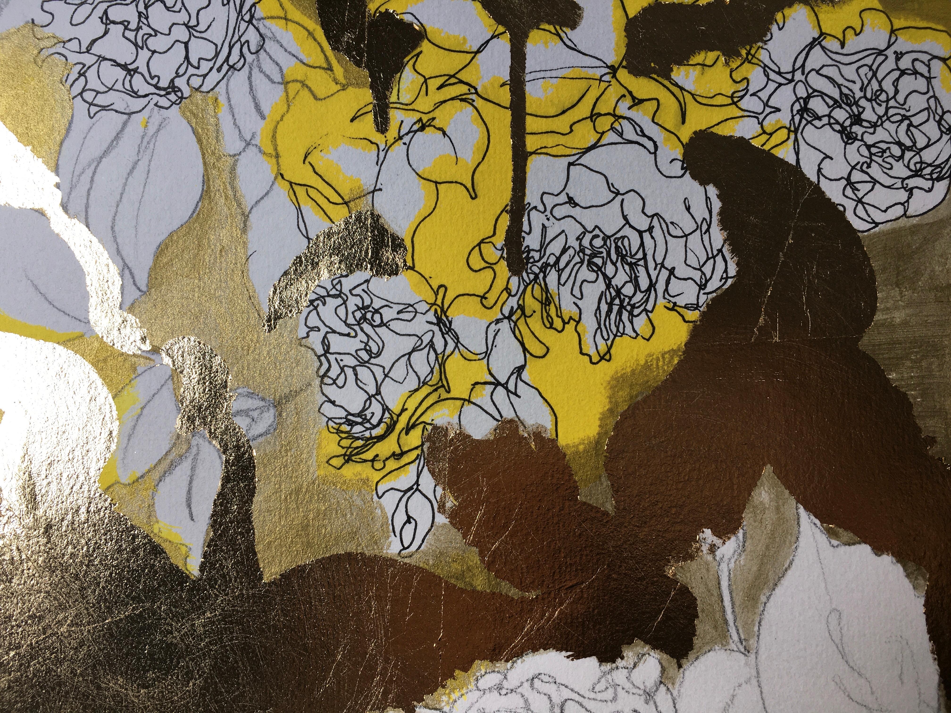 Original-Golden Summer-Sunlit roses-UK Awarded Artist-oro y tinta sobre papel-raro 8