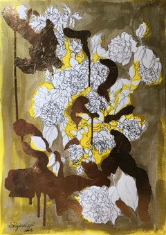 Original-Goldene, sonnenbeschienene Rosen – britischer Künstler, Gold und Tinte auf Papier, selten