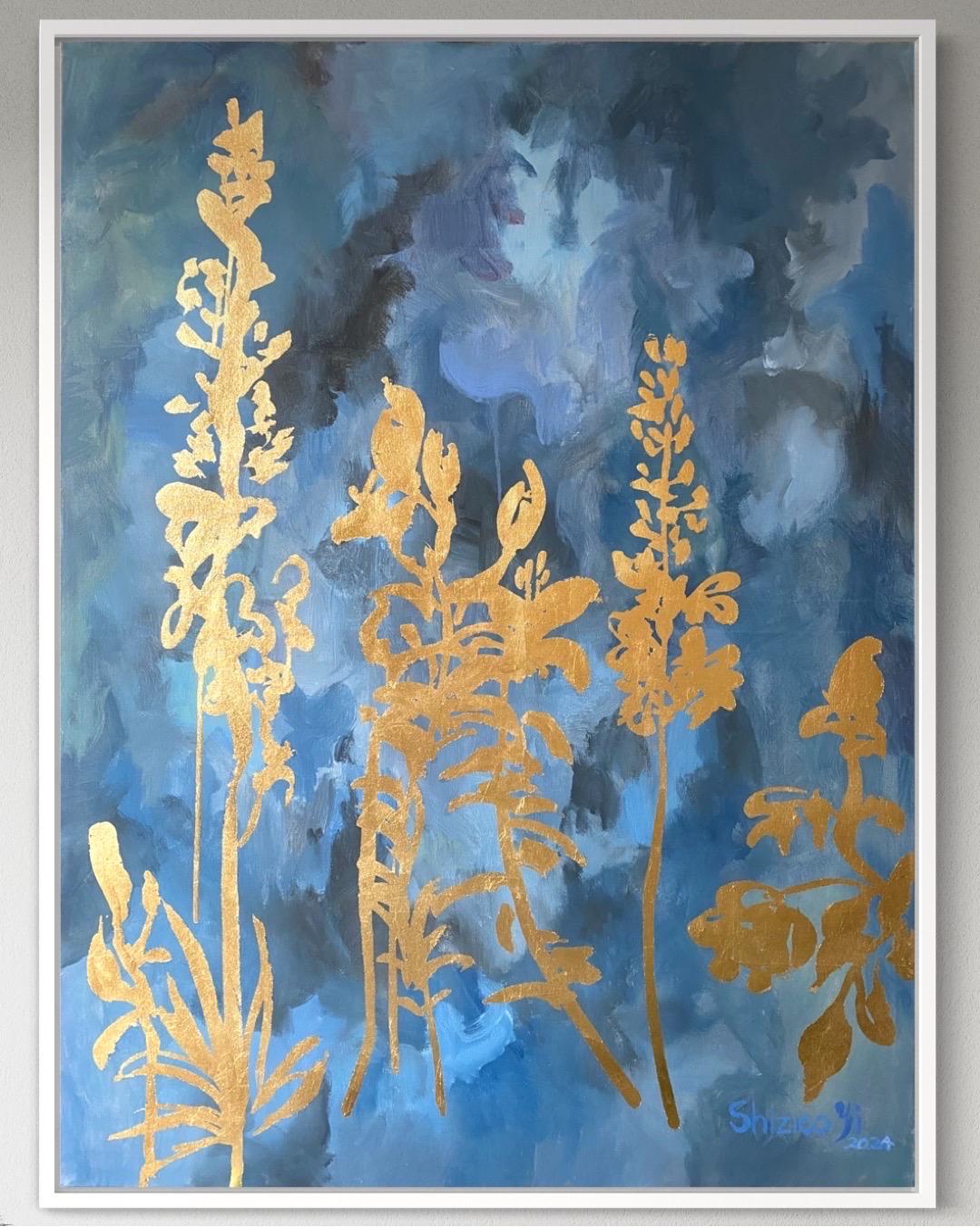 Shizico Yi Abstract Painting – Hand painted Proof-Summer Bloom in the Night-British Awarded Artist-Goldleaf Oil