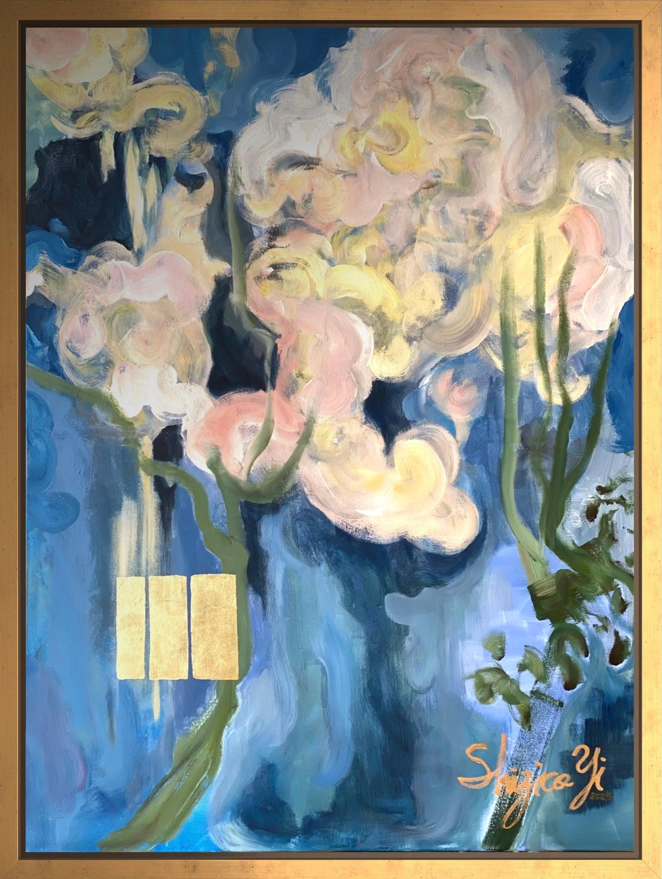 Shizico Yi Abstract Painting – Eine Zigarette zwischen Rosa und Blau - 18K Blattgold - Britisch ausgezeichneter Künstler