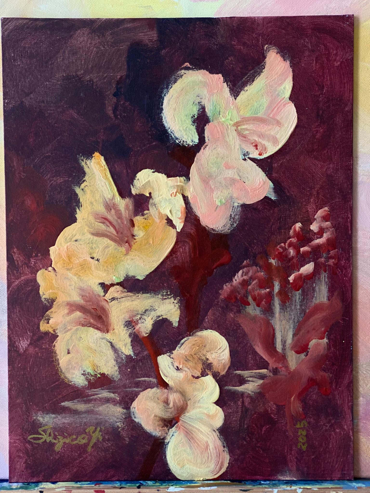 Original 3 Sisters-Triptych-British Awarded Artist-Gladiolus-Dahlias-Elderberry - Painting by Shizico Yi