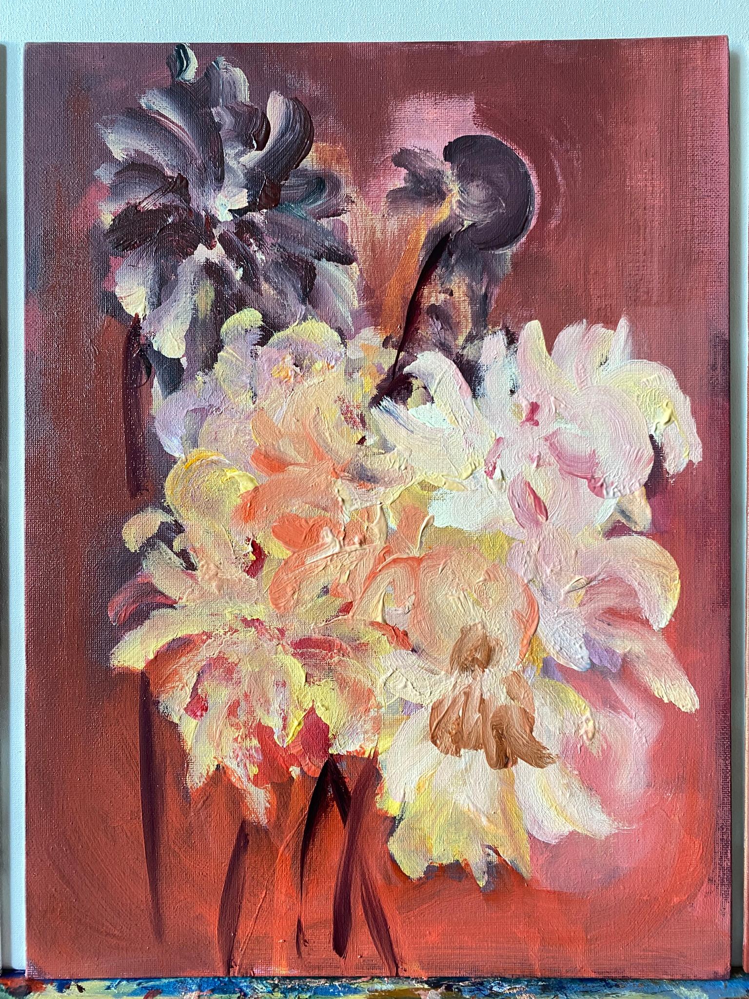Original 3 Sisters-Triptych-British Awarded Artist-Gladiolus-Dahlias-Elderberry - Abstract Impressionist Painting by Shizico Yi