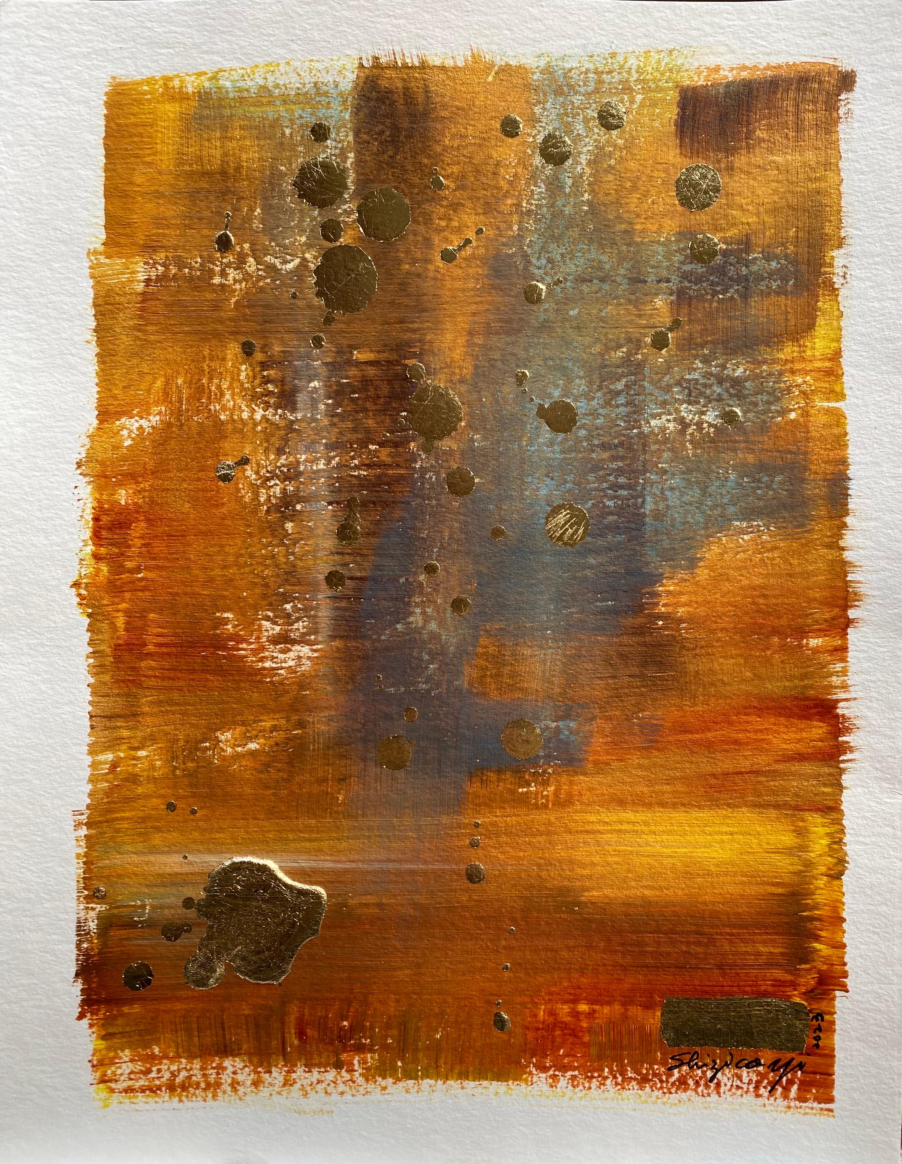 Shizico Yi Landscape Painting - Original-Across the Universe-abstract-gold leaf-UK Awarded Artist-Work on paper